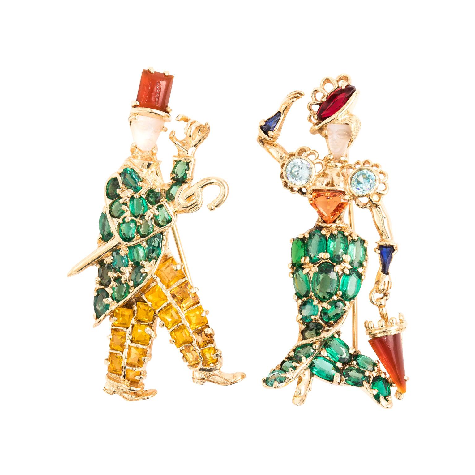 Gentleman and Lady Green Tourmaline Zircon Multi-Gem Brooch Pin For Sale