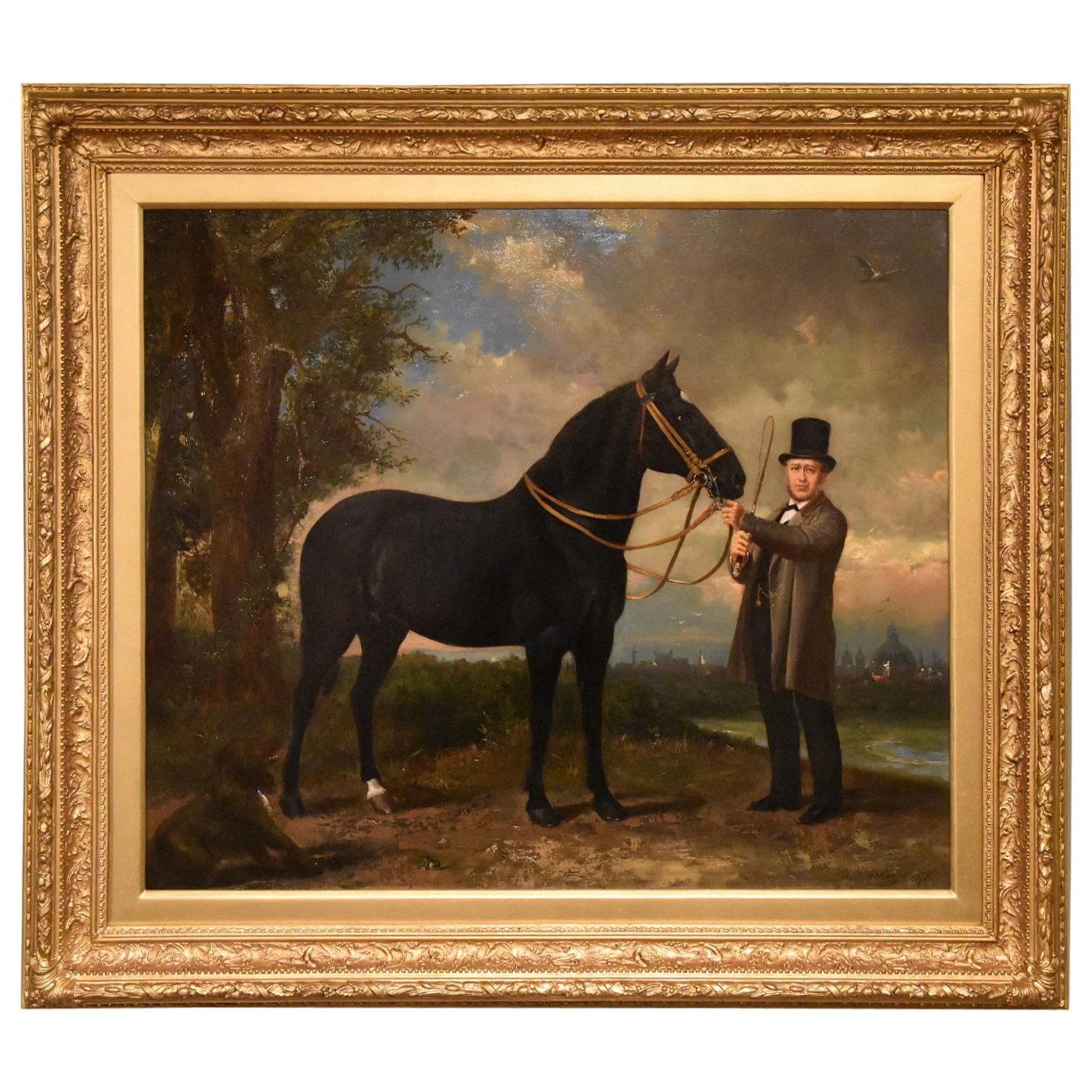 "Gentleman with Horse and Hound" Painting by Frederick Philips For Sale