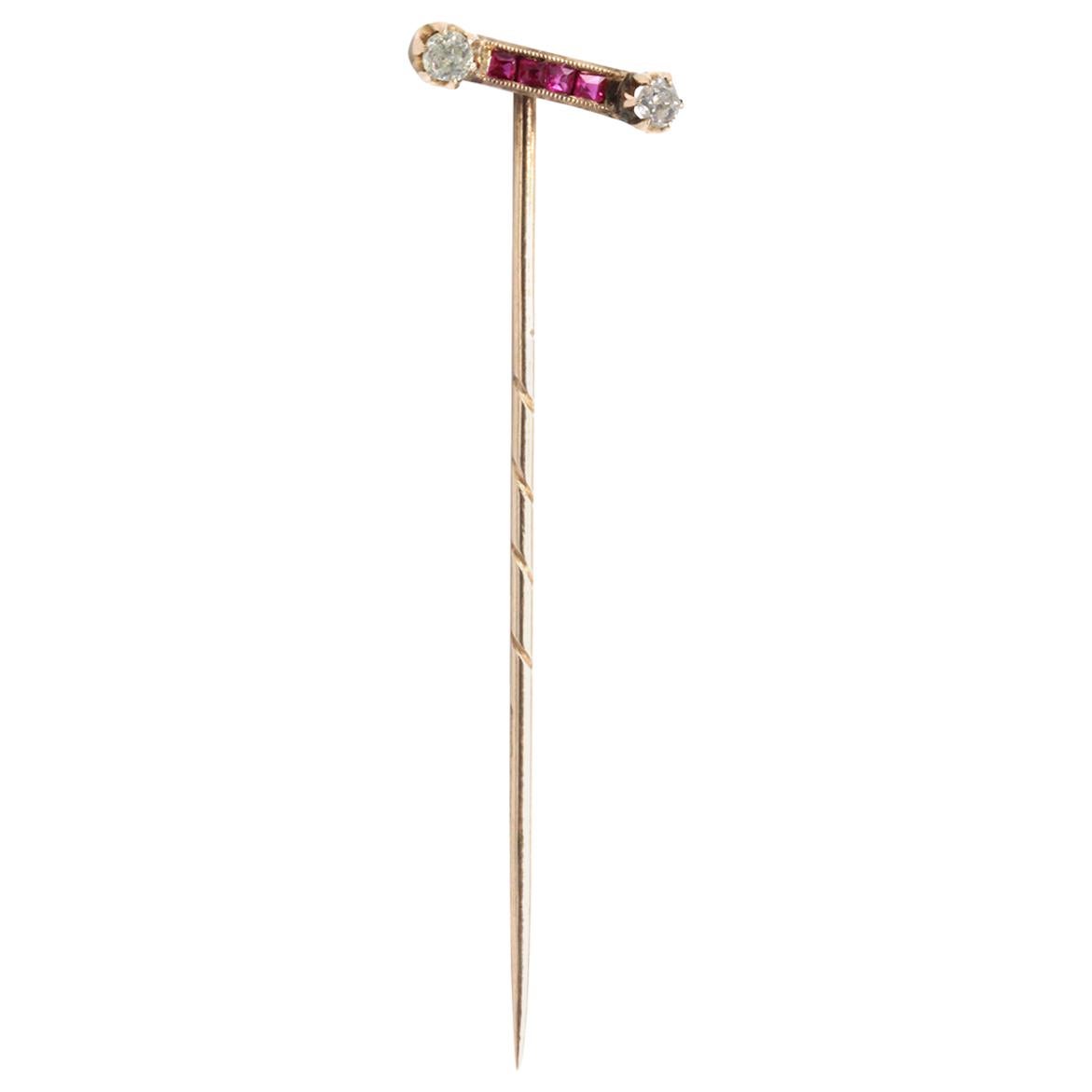 Gentleman's 14 Kt Yellow Gold Diamond and Ruby Stick Pin For Sale