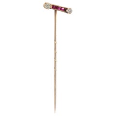 Retro Gentleman's 14 Kt Yellow Gold Diamond and Ruby Stick Pin