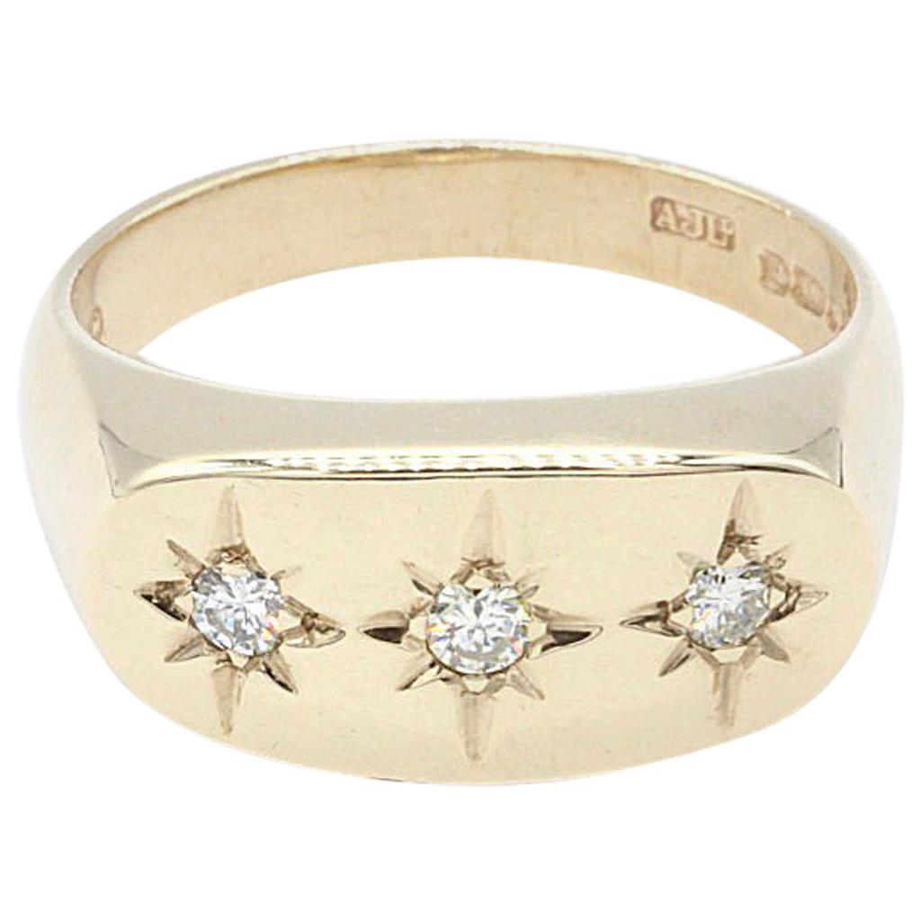 Gentlemans 9 Kt Yellow Gold Star Set Three Diamond Ring For Sale