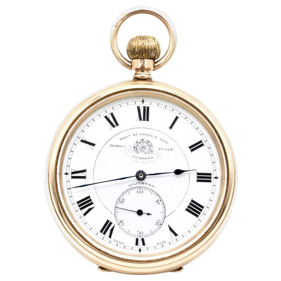 Gentleman's 9 Kt Yellow Gold Open Faced Pocket Watch by Thomas Russell For Sale