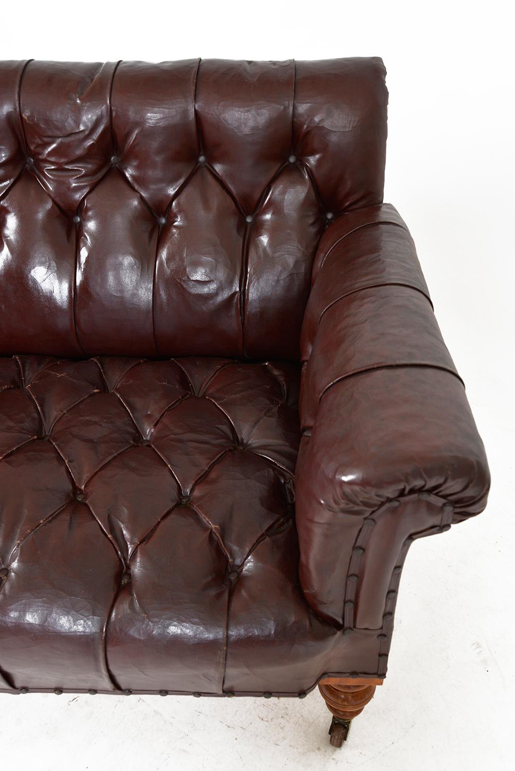 Gentlemans Antique Library Buttoned Oxblood Settee Faux Leather Scottish 19thC For Sale 4