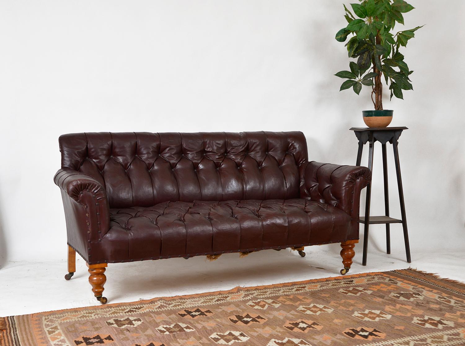 Gentlemans Antique Library Buttoned Oxblood Settee Faux Leather Scottish 19thC For Sale 14