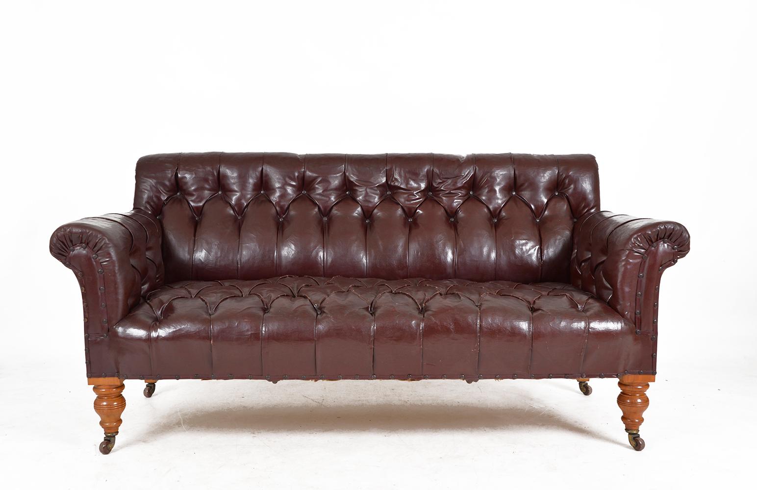 Victorian Gentlemans Antique Library Buttoned Oxblood Settee Faux Leather Scottish 19thC For Sale