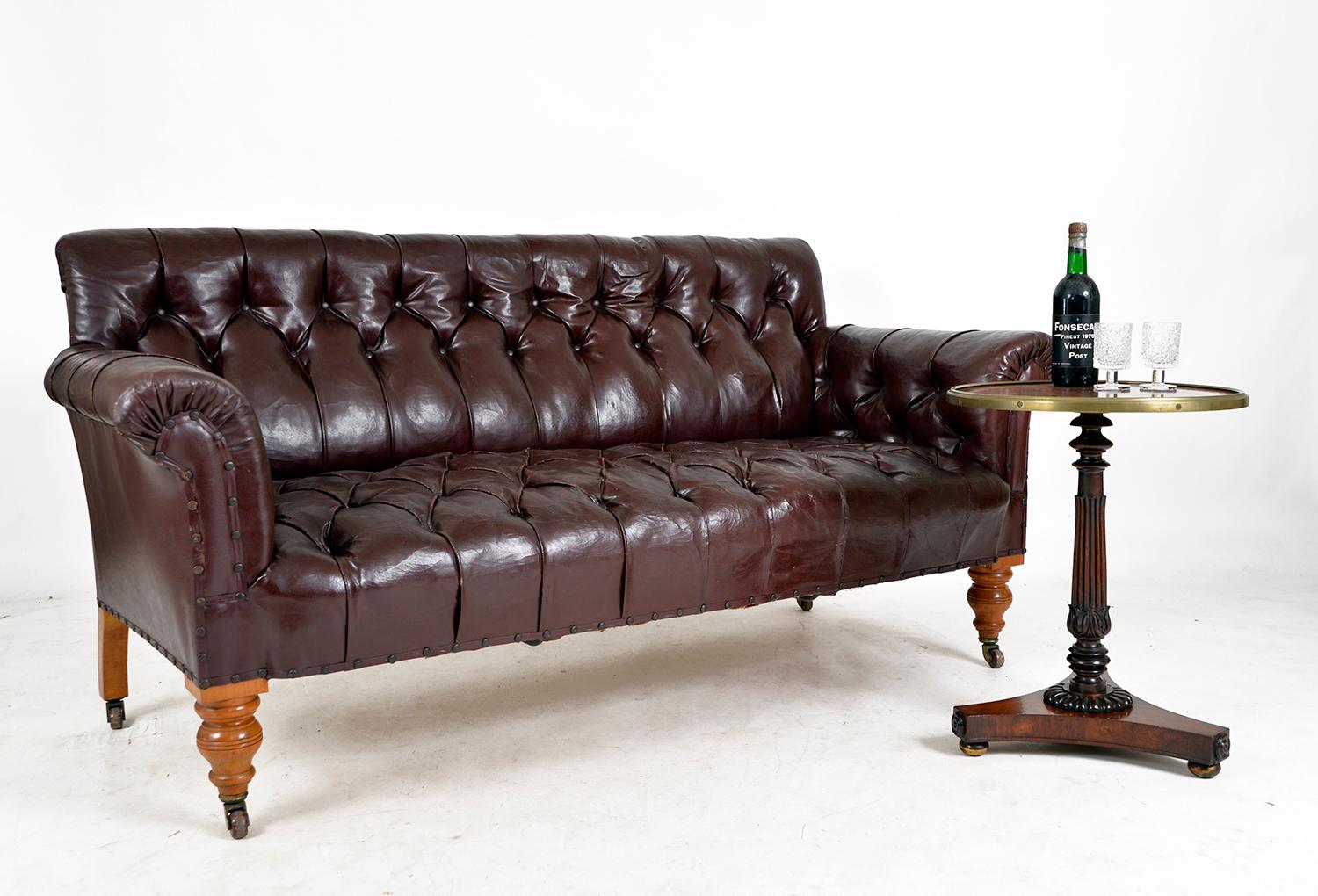British Gentlemans Antique Library Buttoned Oxblood Settee Faux Leather Scottish 19thC For Sale