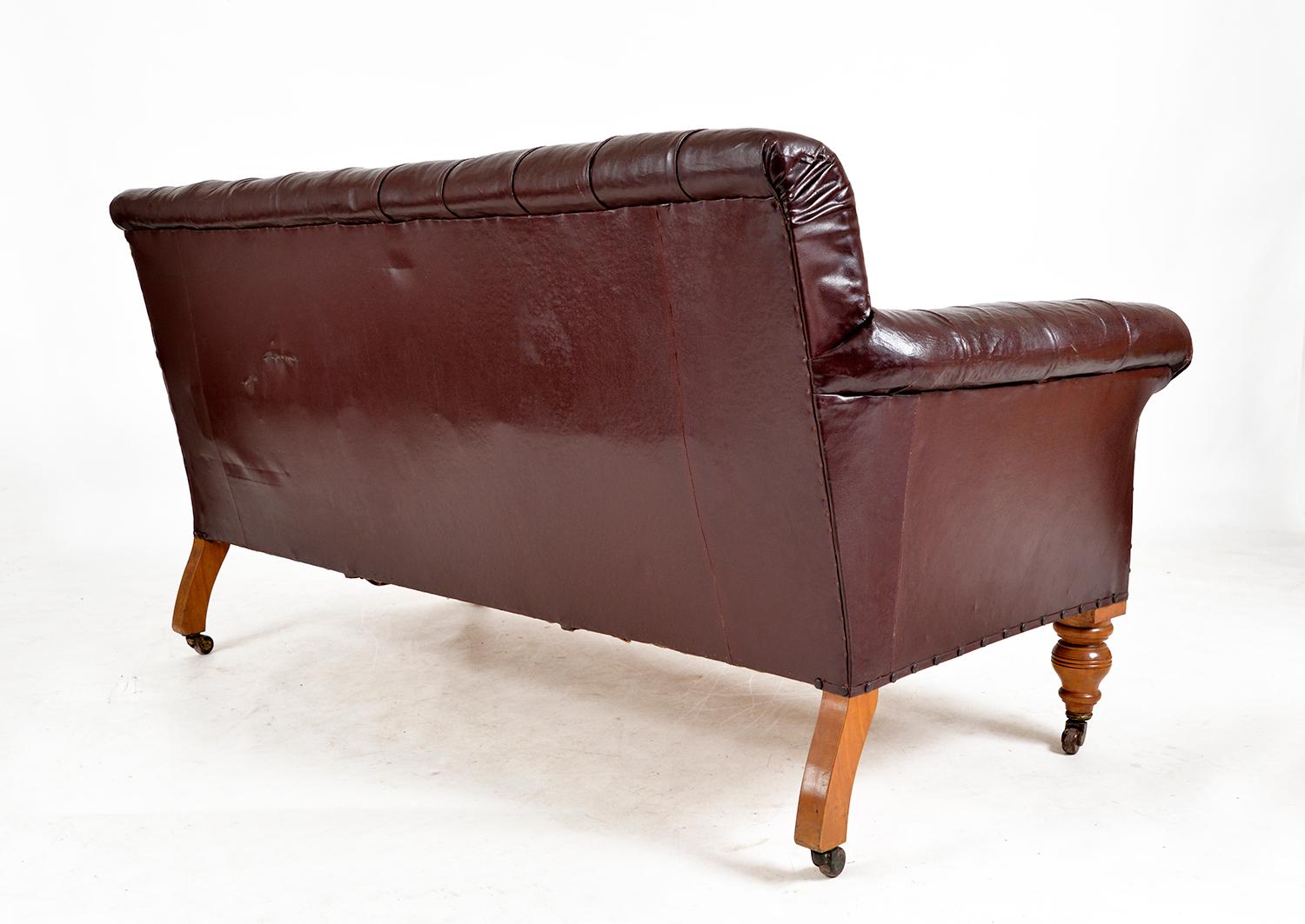 Late 19th Century Gentlemans Antique Library Buttoned Oxblood Settee Faux Leather Scottish 19thC For Sale