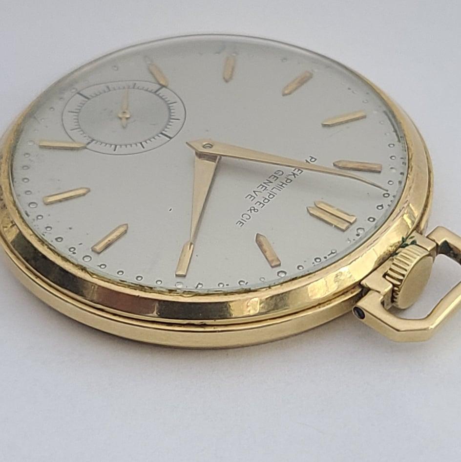 Strong Running 45mm Mens Art Deco Patek Philippe, open face pocket watch in solid gold original signed patek philippe case.  Gross weight is 55.7 grams.  Signed on dial, case and movement.  Serial number 881721, 18 jewel adjusted to 5 position high