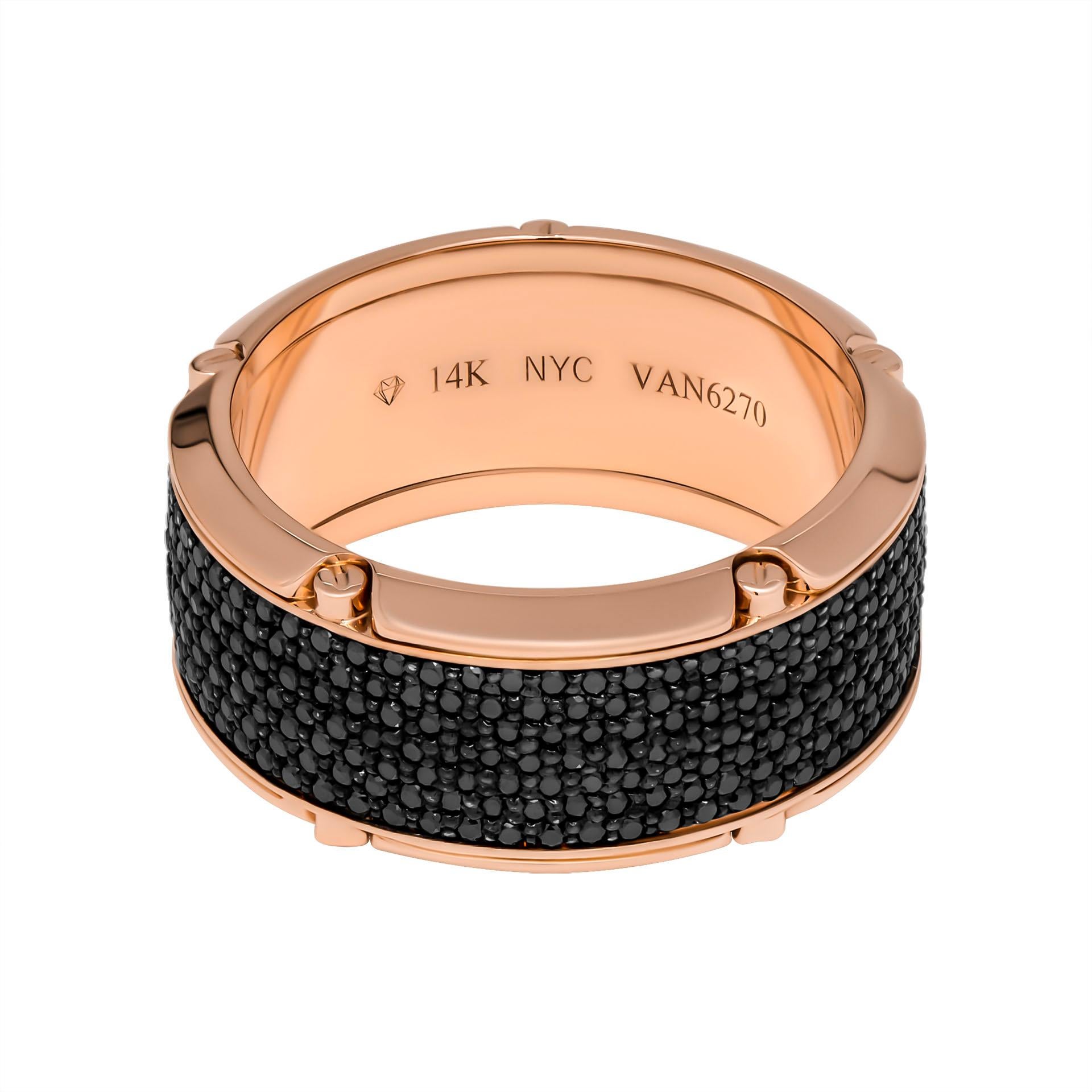 Gentleman's  band in 14k RG with Black Diamonds

Size:10.75 
Total Carat Weight: 2.29ct (420st) 