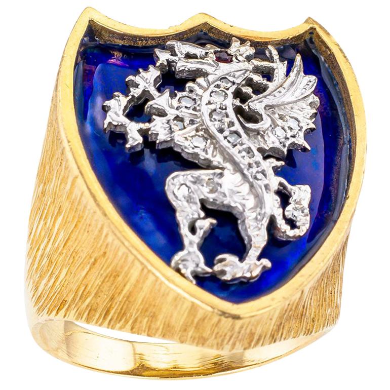 Gentlemans Blue Enamel Diamond Dragon Crest Yellow Gold Ring