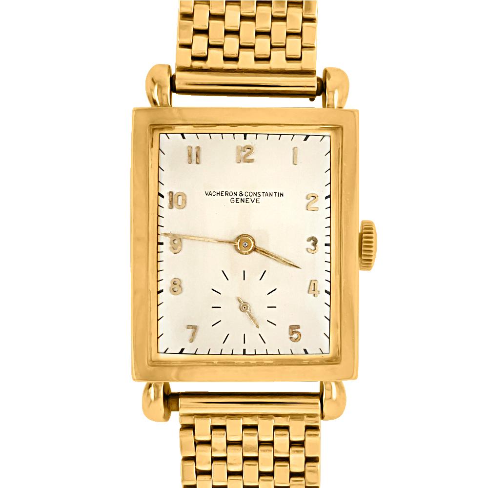 This Vacheron & Constantin 18K gold mechanical watch is centering a rectangular silver-tone dial with applied gold-tone Arabic numerals, subsidiary seconds dial, minute indicator chapter ring, with tear drop lugs, diameter approximately 30 x 25 mm.,