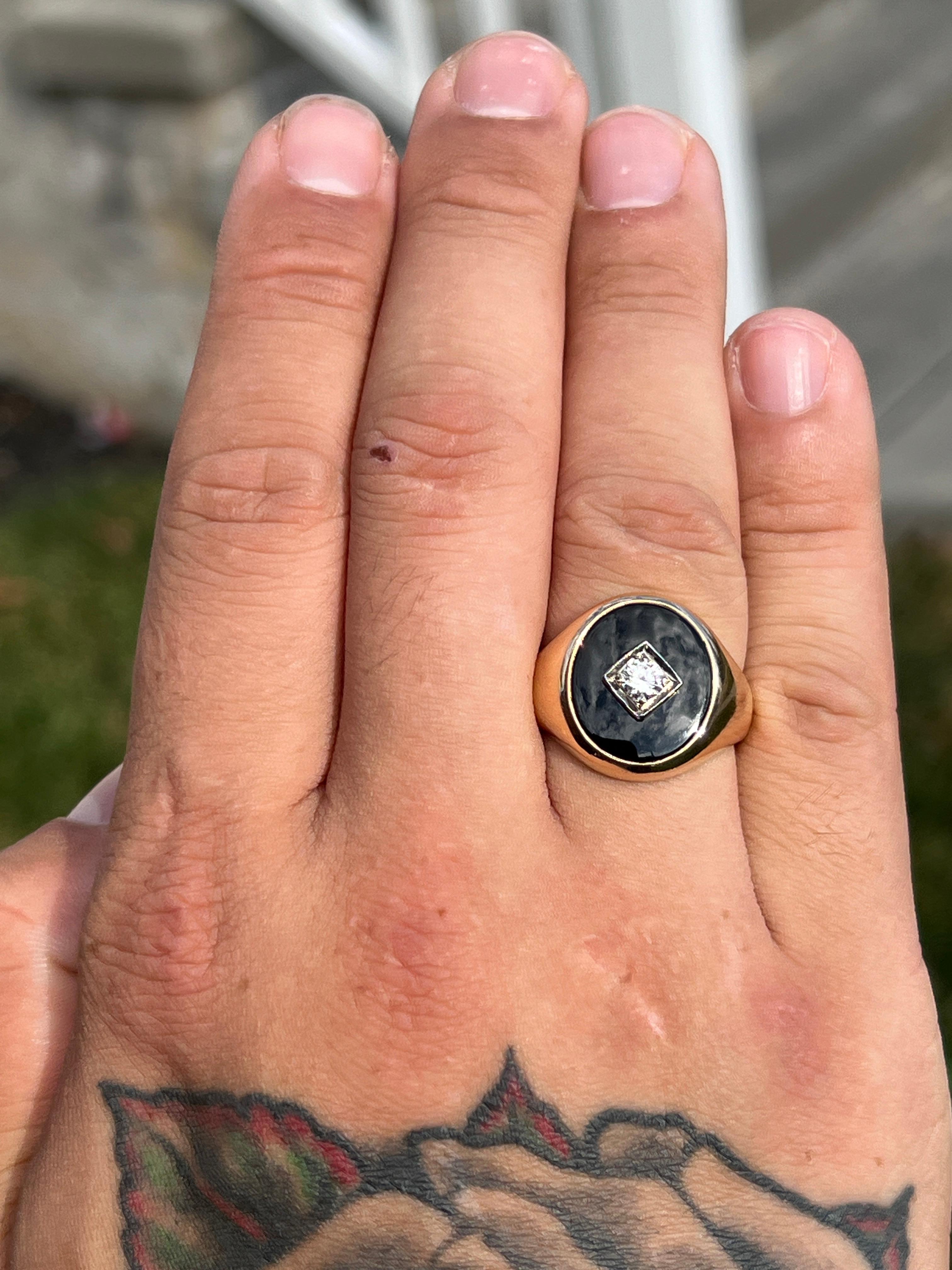 Women's or Men's Gentleman's Onyx and Diamond 14k Two Tone Gold Ring For Sale