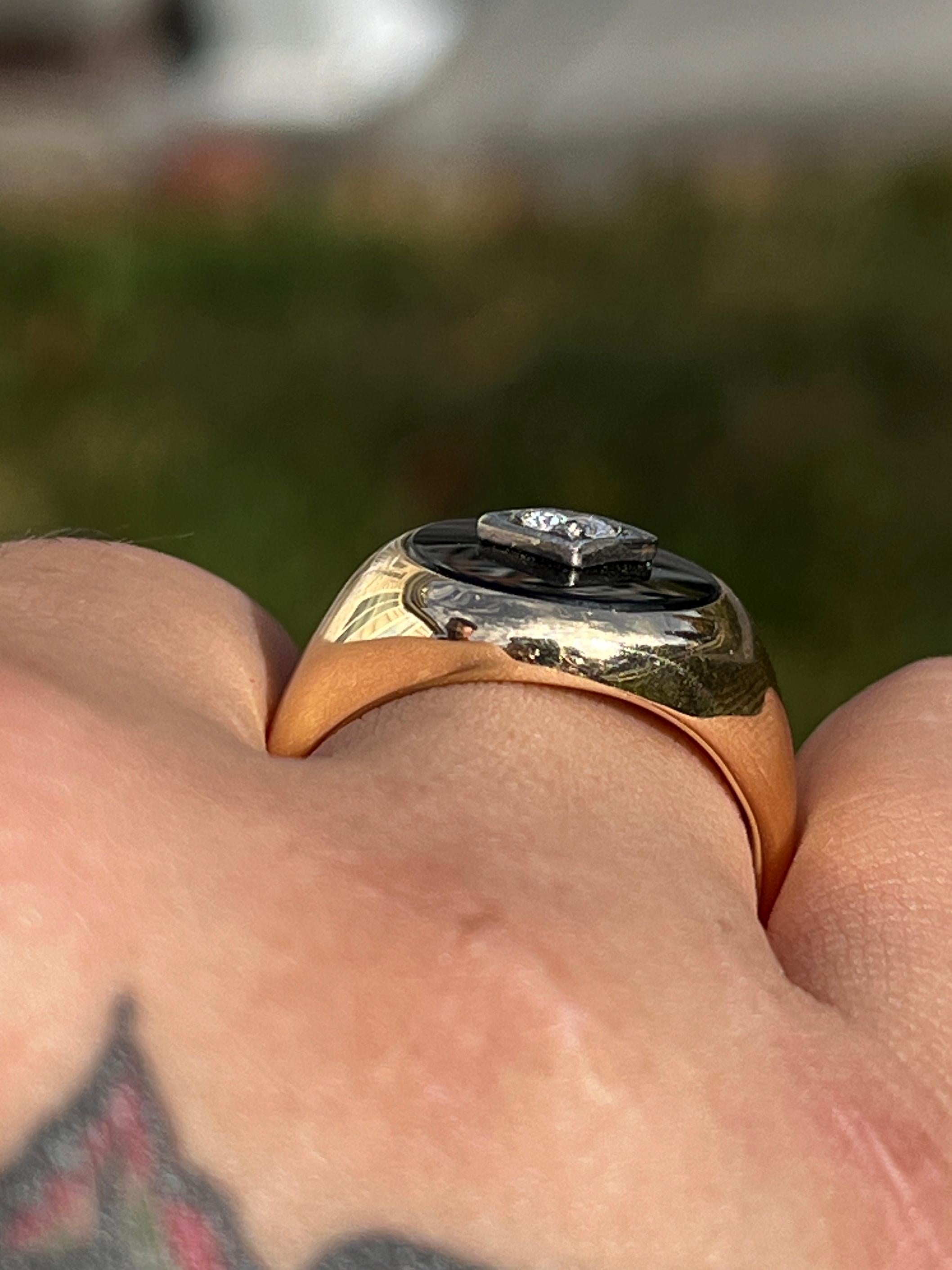 Gentleman's Onyx and Diamond 14k Two Tone Gold Ring For Sale 1
