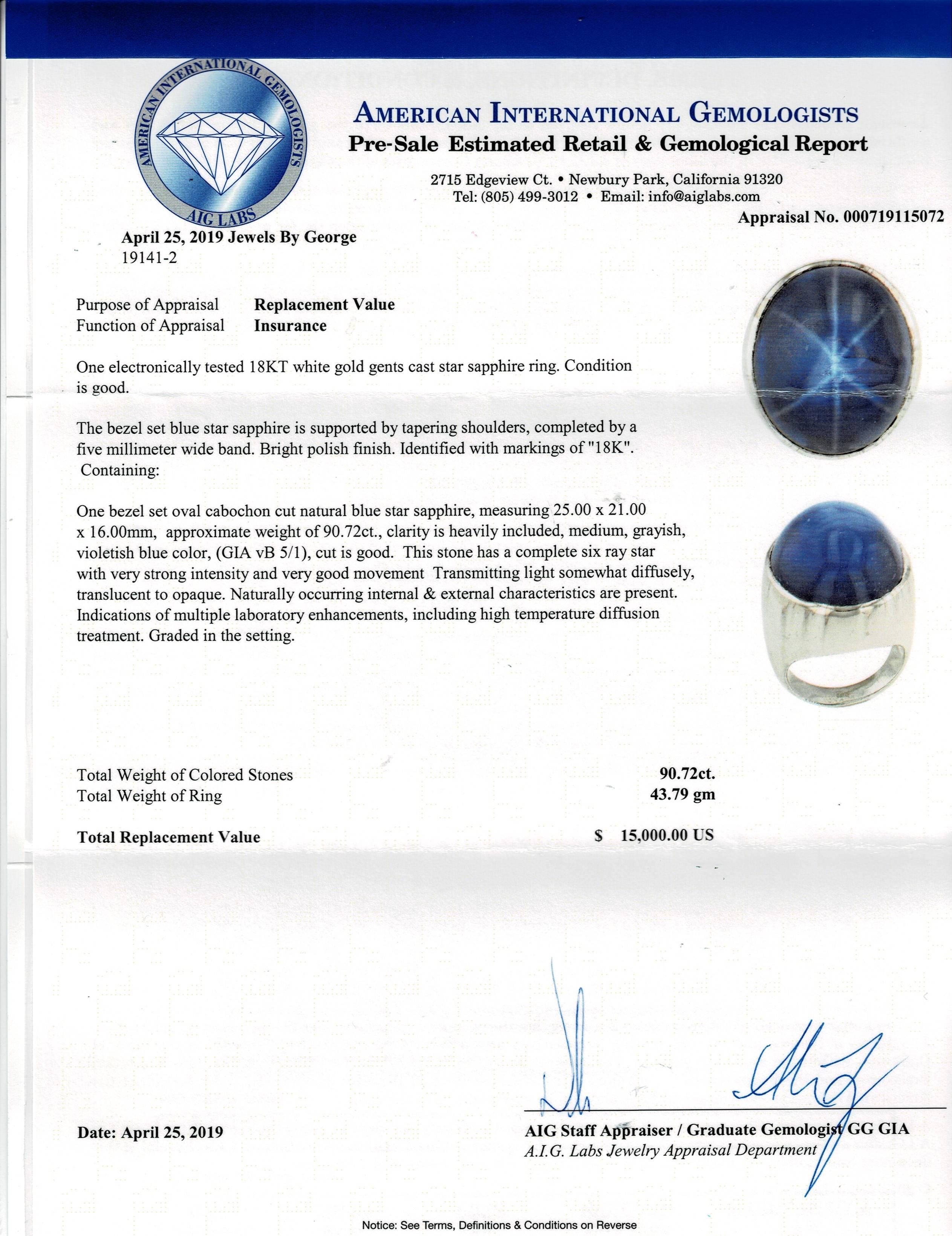 Gentleman's Star Sapphire Ring, AIG Certified 1
