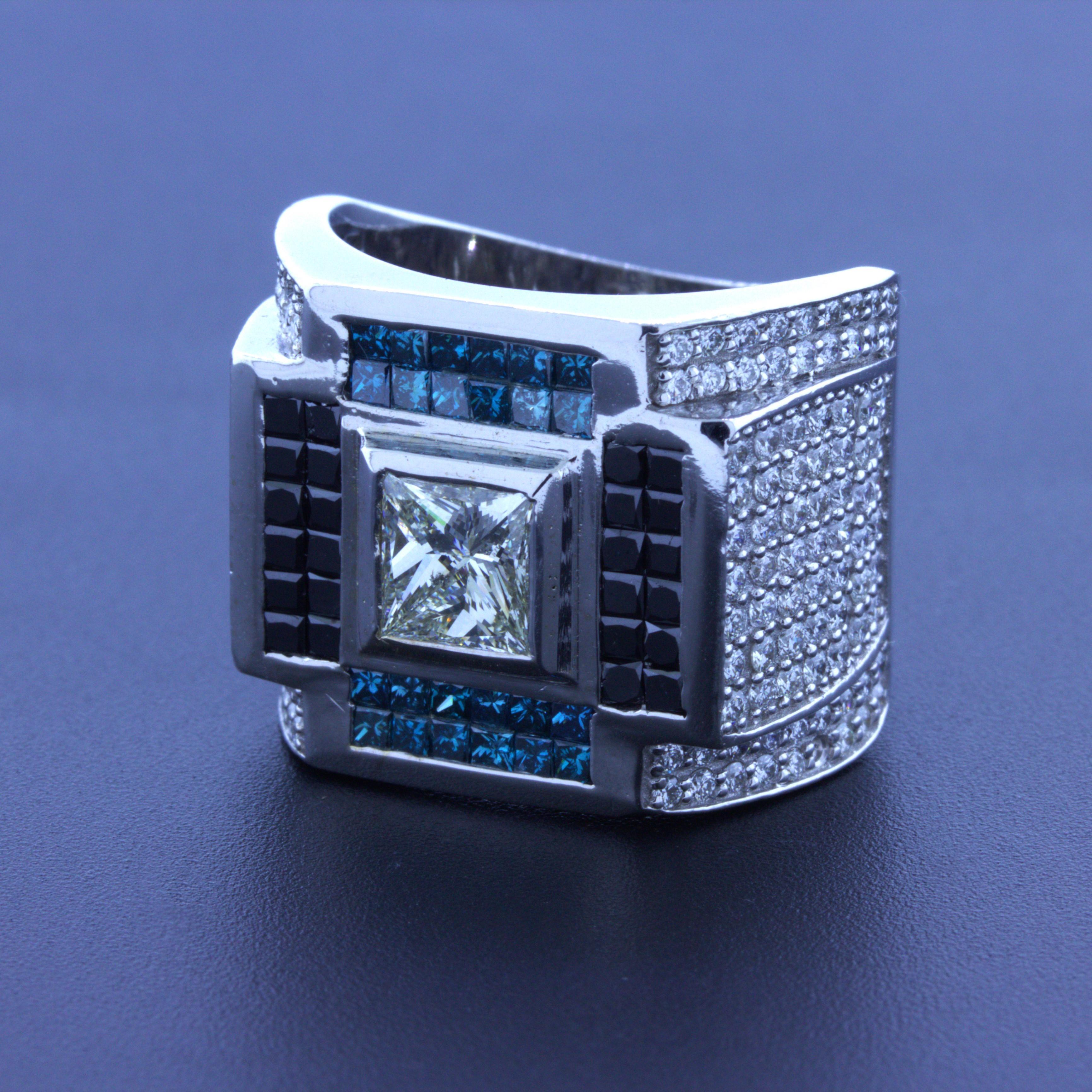 Square Cut Gentleman’s White Blue Black Diamond 14k White Gold Ring For Sale