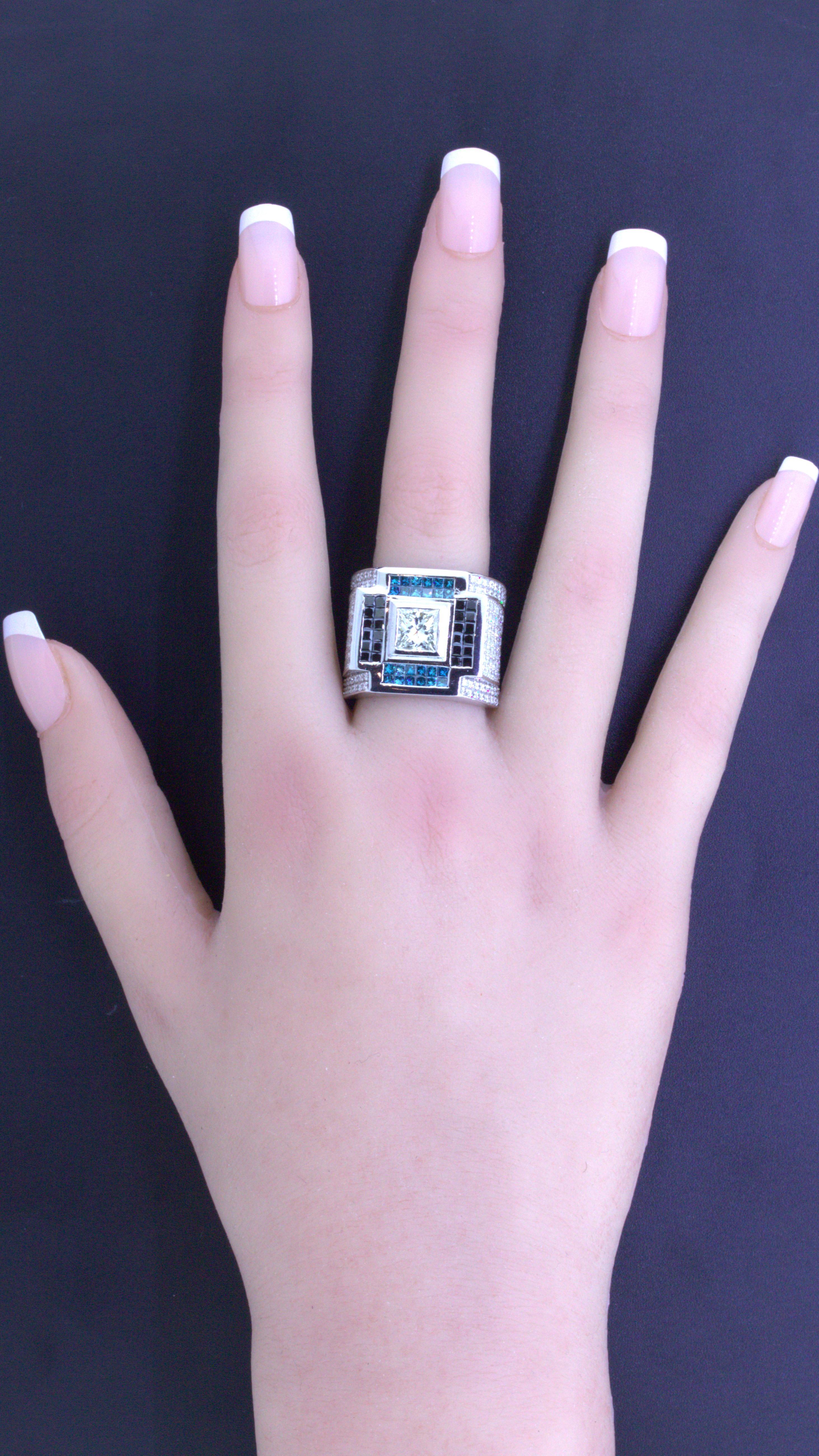 Gentleman’s White Blue Black Diamond 14k White Gold Ring For Sale 2