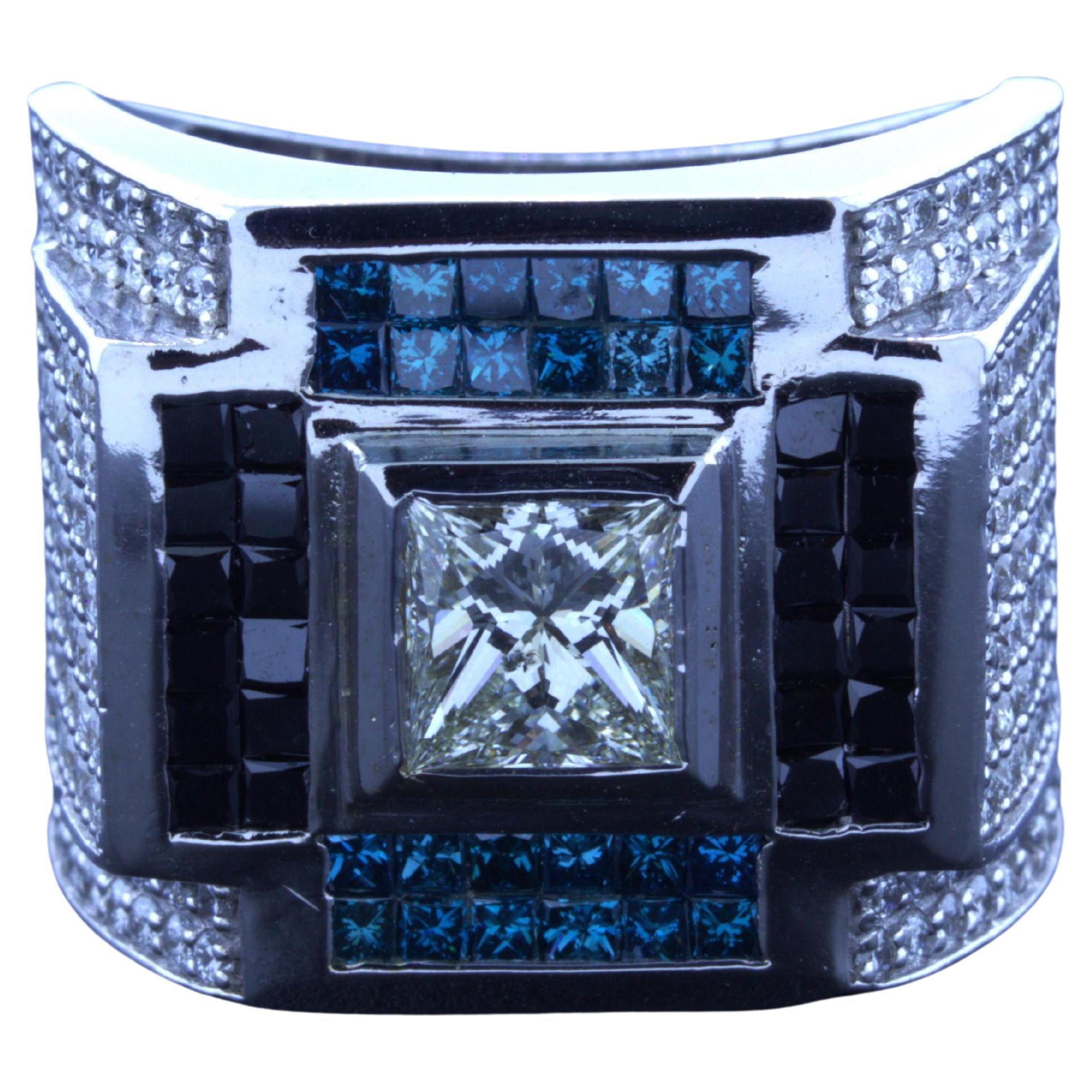 Gentleman's White Blue Black Diamond 14k Weißgold Ring im Angebot