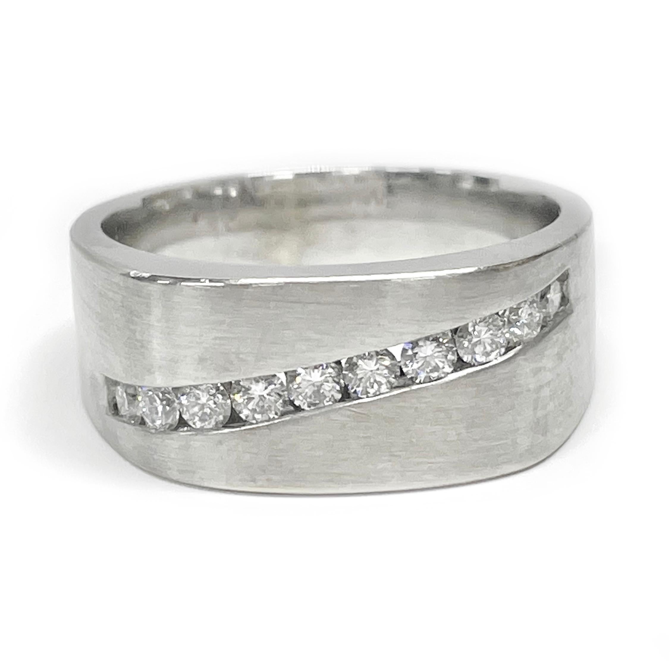 Gentleman’s 18 Karat White Gold Solid Channel Set Diamond Ring. The ring has a sleek satin finish on the face and front of the band with ten round brilliant-cut diamonds channel-set on the front wrapping around slightly to the sides. The diamonds