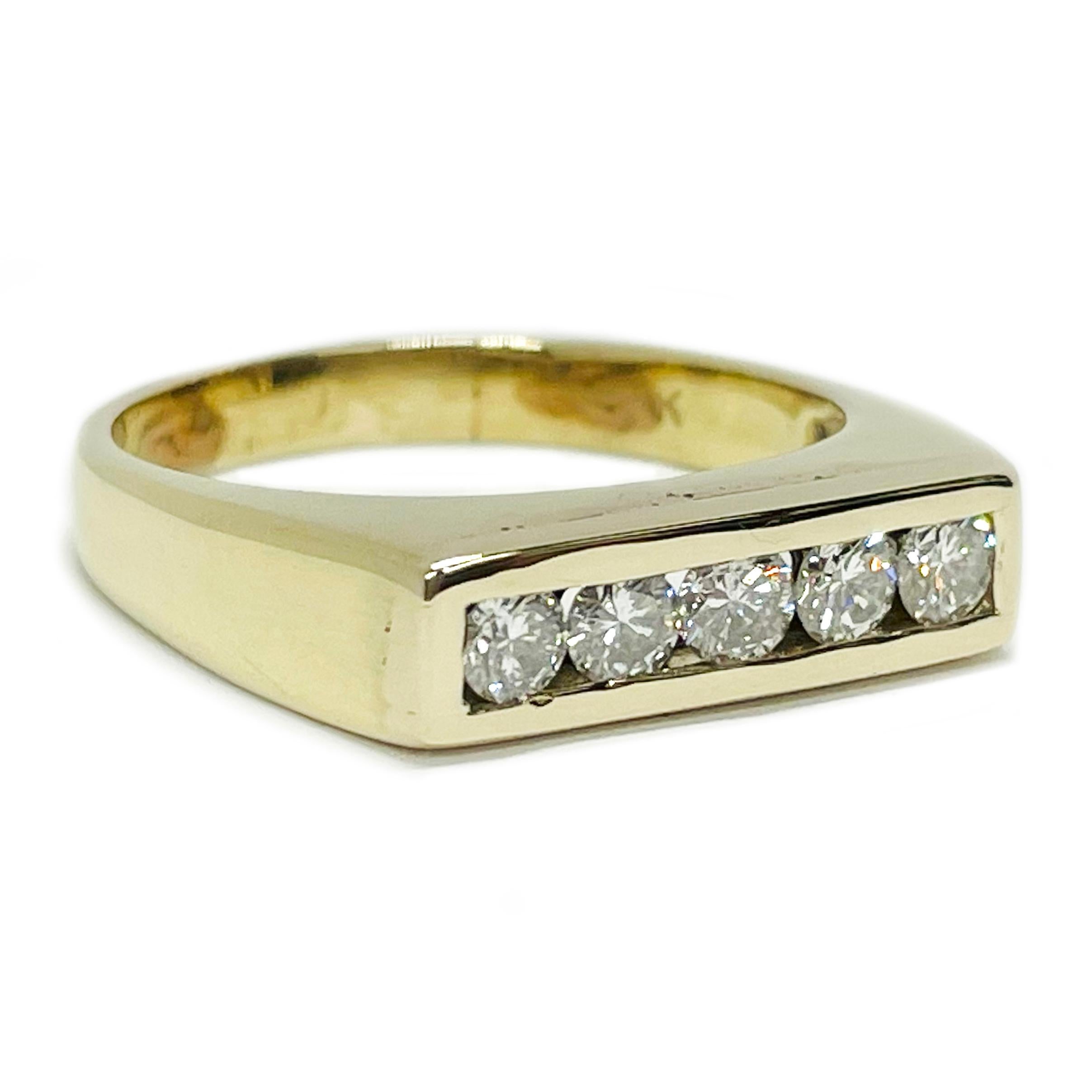 Gentleman’s 14 Karat Yellow Gold Channel-Set Diamond Ring. Simple yet sophisticated design. Five round brilliant-cut diamonds channel-set in 14k yellow gold. The diamonds have a total carat weight 0.70ctw. The diamonds each measure 3.5mm and are SI2