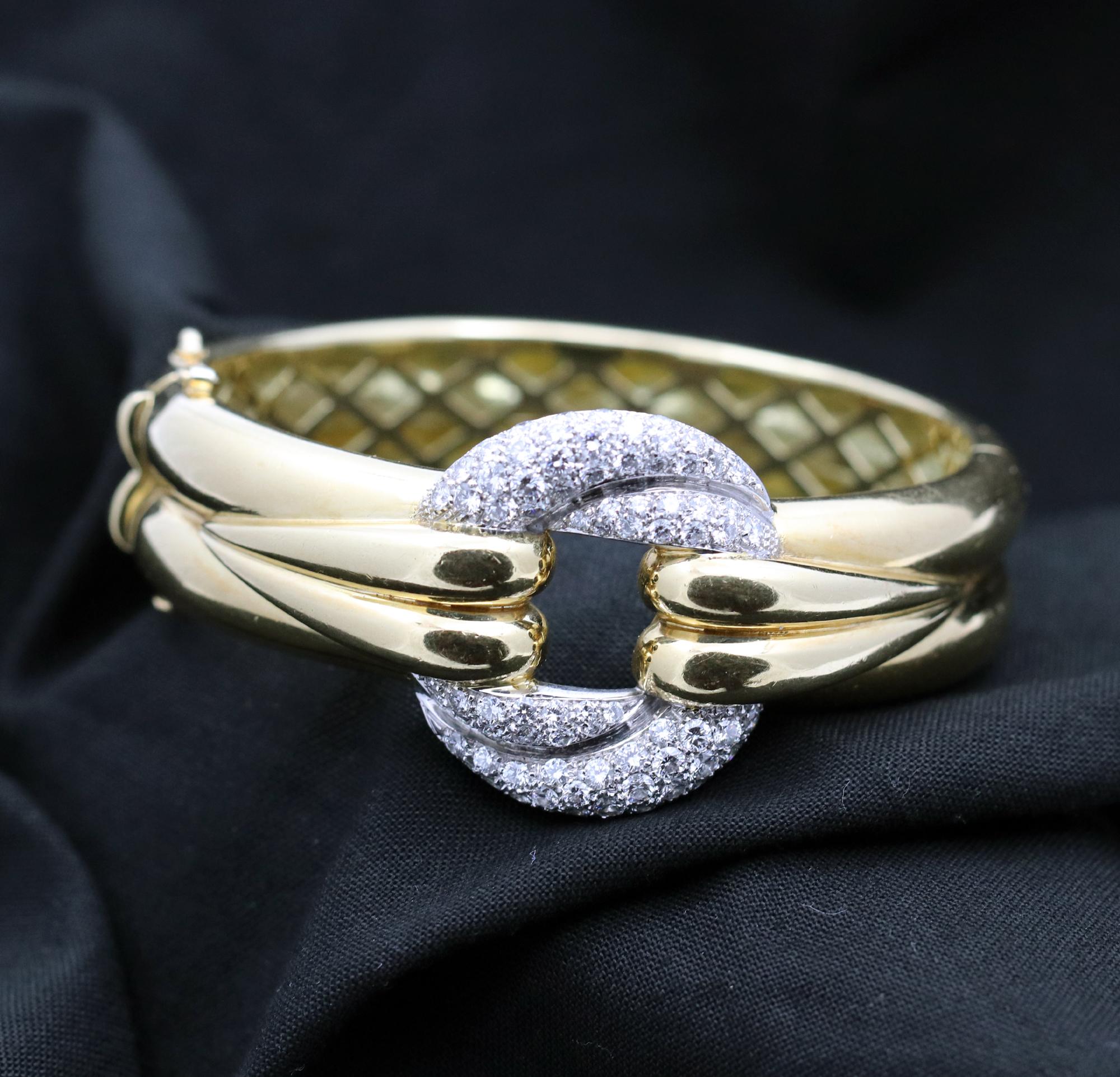 Gently Curving Yellow Gold Bracelet with Diamond Pave' Center 2