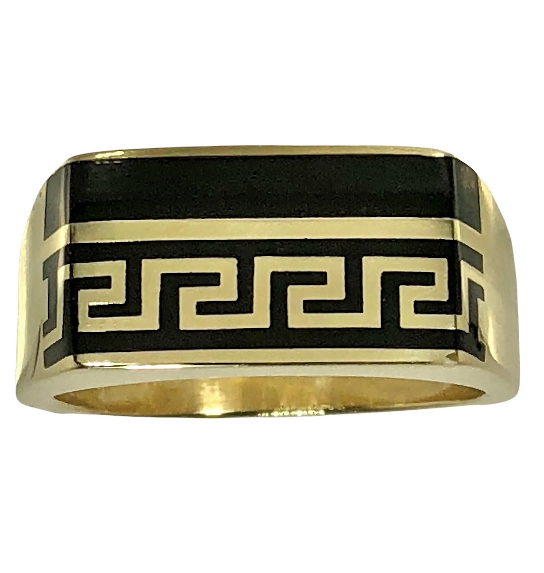 Men's Gent's 14k Gold and Black Enamel Greek Key Motif Ring For Sale