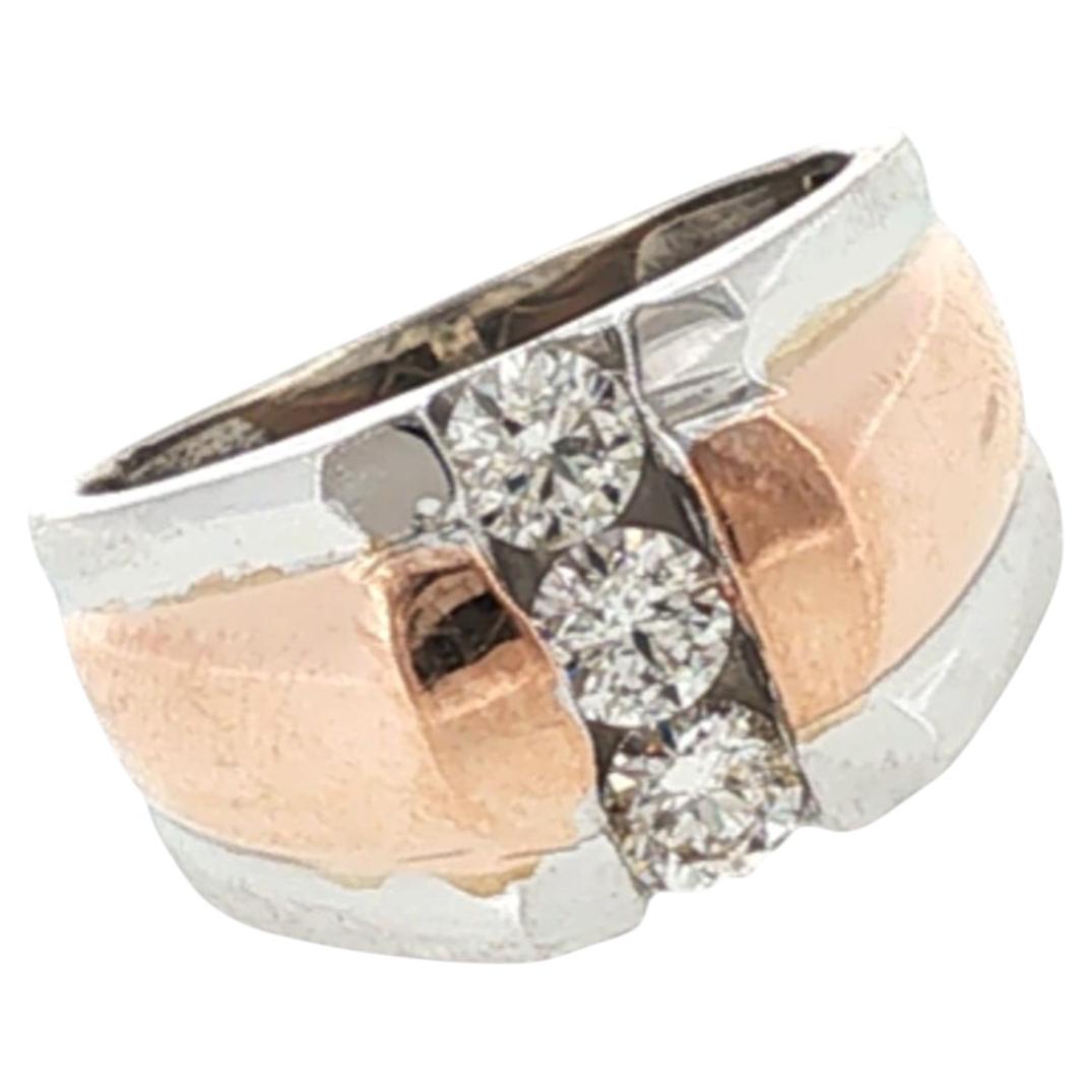 Gents Diamond 14 Karat White & Rose Gold Three Stone Band Ring