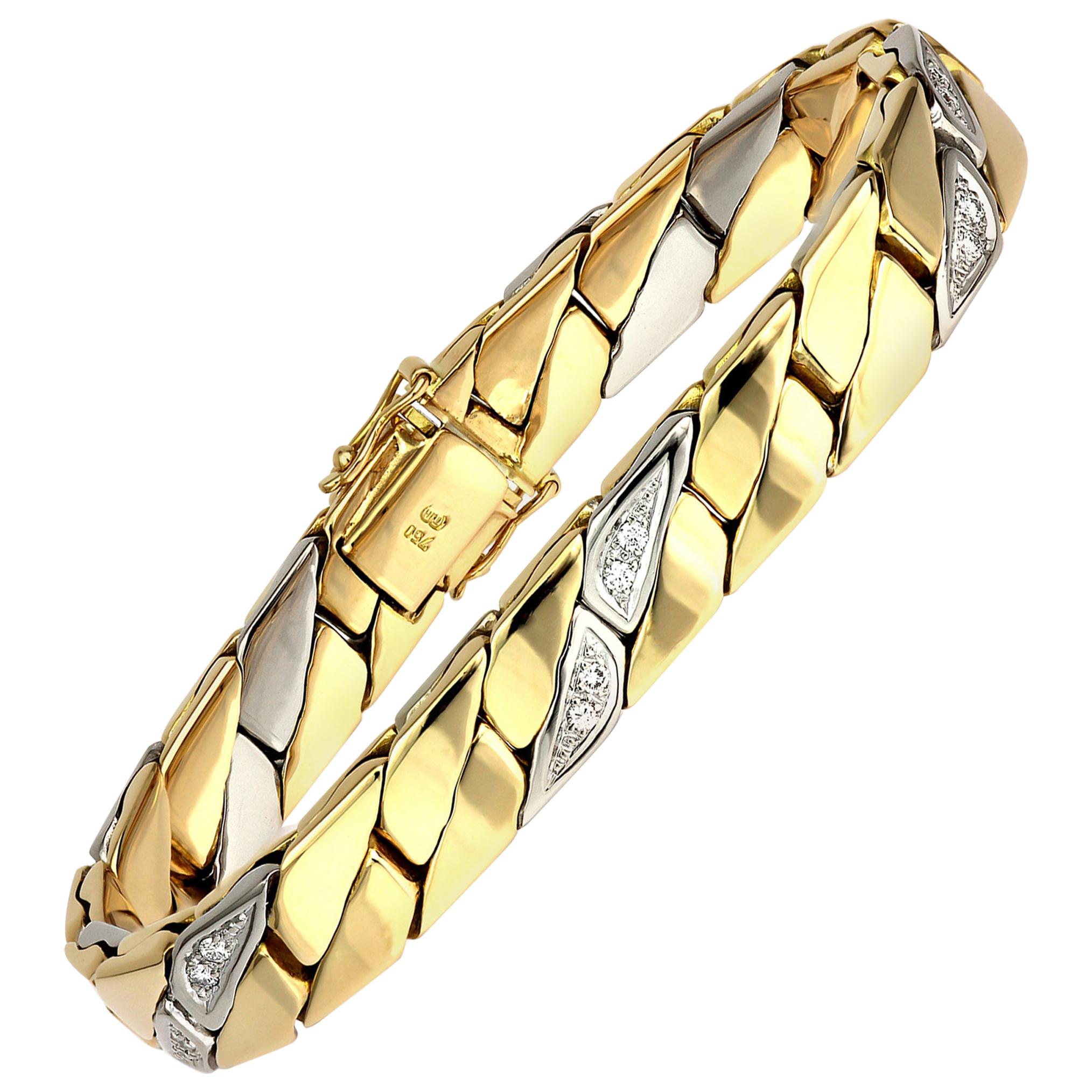 Gents Diamond Curb Bracelet in Bimetal 18 Carat White & Yellow Solid Gold