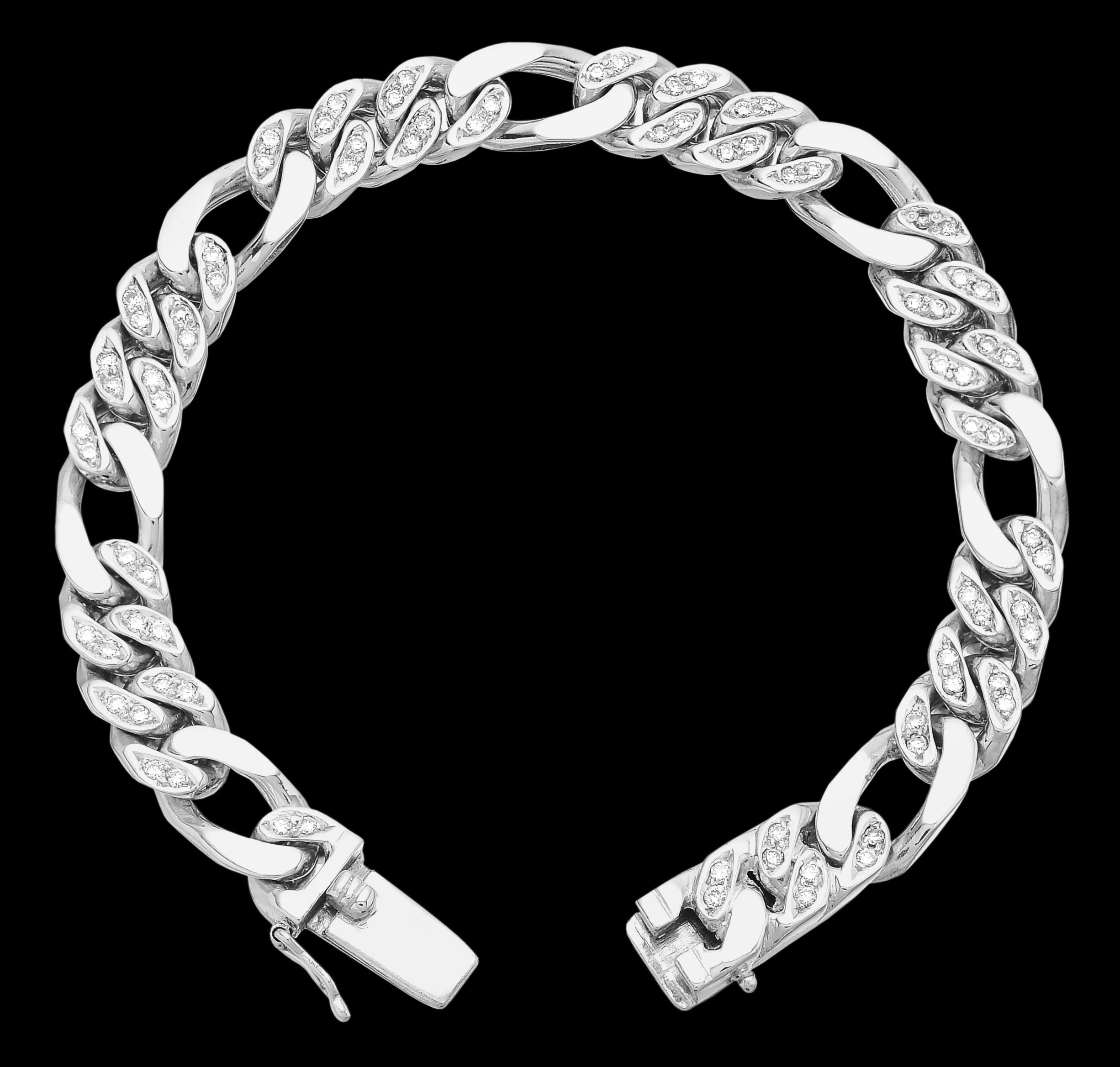 Dieses auffällige, diamantbesetzte Figaro Gliederarmband für Herren ist aus schwerem, massivem 14-karätigem Weißgold gefertigt und setzt ein kühnes und selbstbewusstes Stil-Statement. Jedes Glied ist sorgfältig gearbeitet und wechselt zwischen