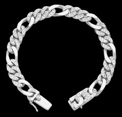 Gents Diamond Figaro Curb Link Bracelet in Heavy Solid 14ct White Gold