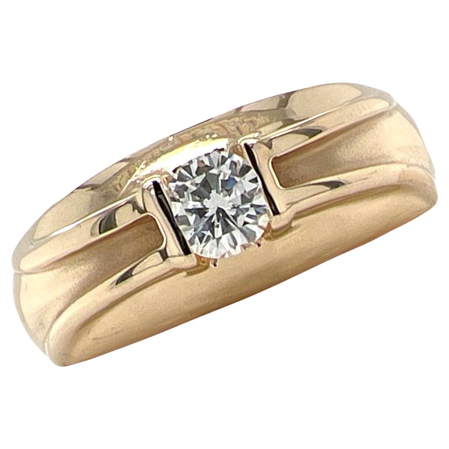 Gents Diamond Solitaire 14 Karat Yellow Gold Band Ring  For Sale