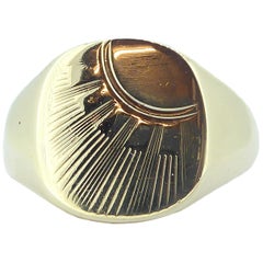 signet ring pattern Gents Gold Signet Ring, 1980s Vintage, Sun Burst Pattern, Yellow Gold