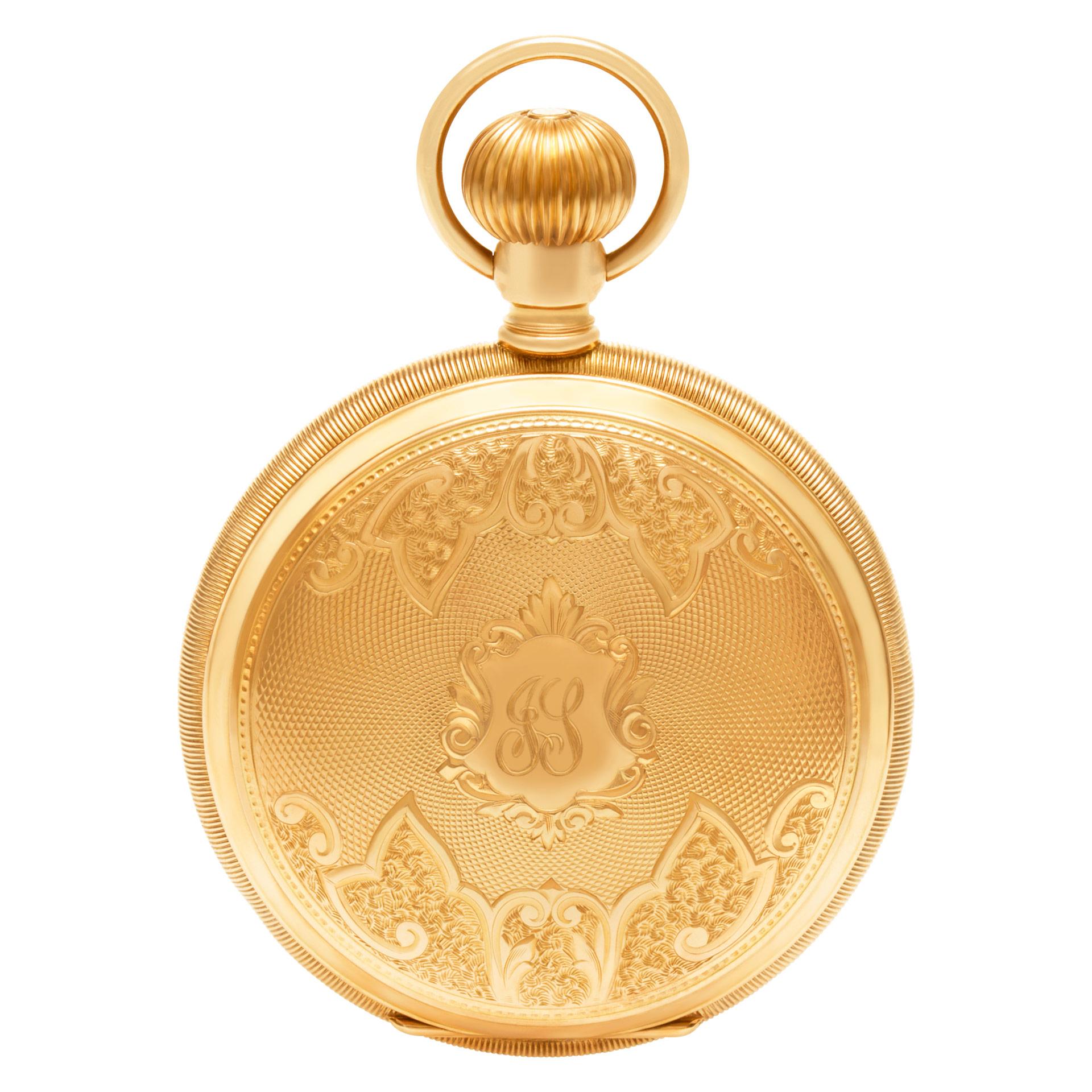 Gents Hamilton Watch Co. pocket watch in 14k yellow gold. Manual w/ subseconds. Size of the case: 56mm Fine Pre-owned Hamilton Watch.   Certified preowned Hamilton watch is made out of yellow gold. This Hamilton watch has a 56  x 56 mm  case with a