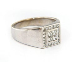 Gents Invisible Princess Diamond Square Frame Signet Ring in 14K White Gold