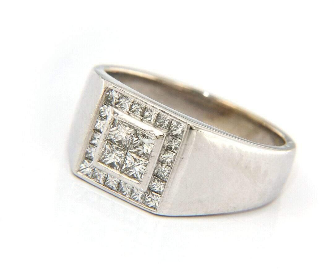 Princess Cut Gents Invisible Princess Diamond Square Frame Signet Ring in 14K White Gold For Sale