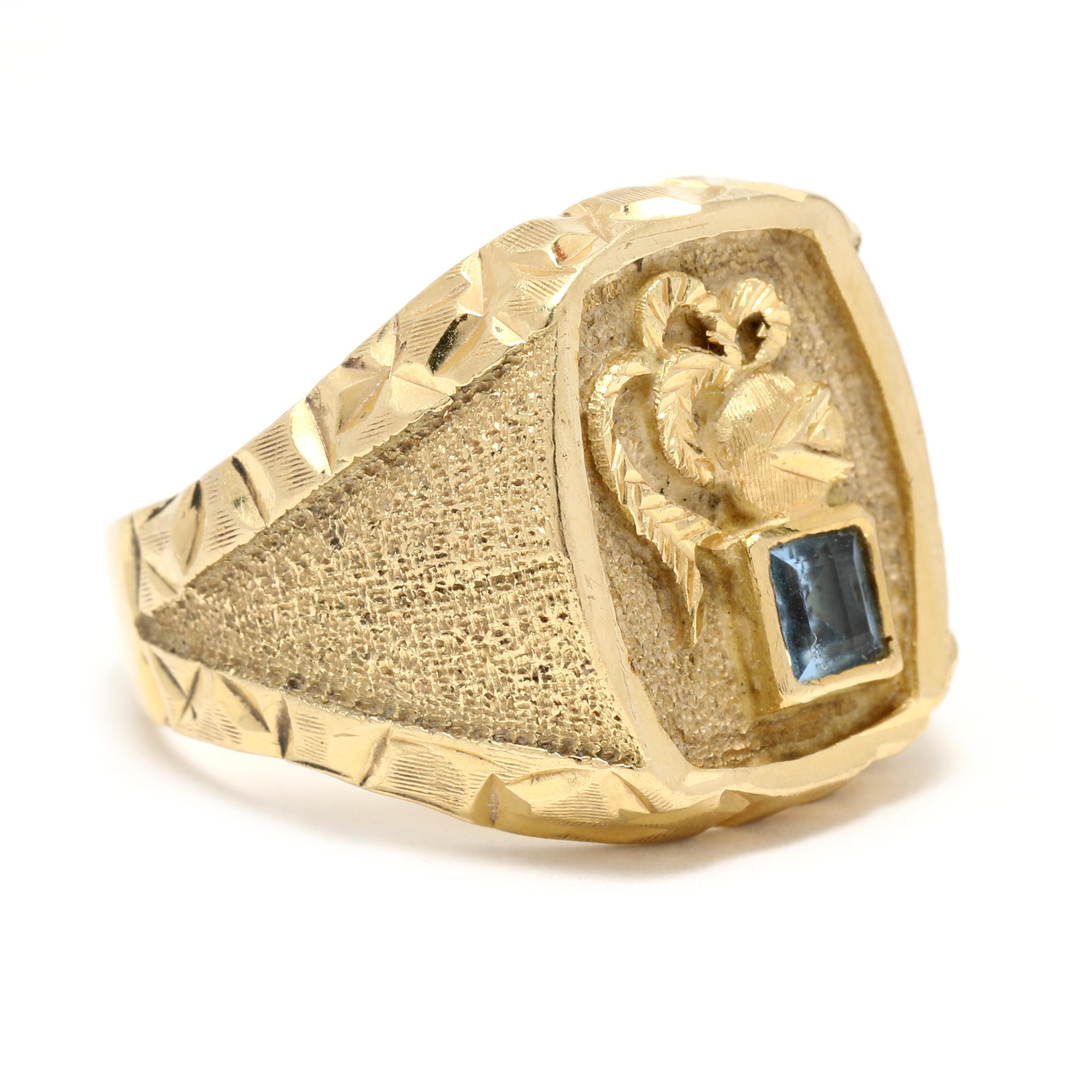 This stunning Gent's Lab Created Spinel Knight Signet Ring is perfect for the dapper gentleman. Crafted in 18K Yellow Gold, this ring features a knight motif and is sized 8.5, making it perfect for a men's pinky signet ring. The lab created spinel