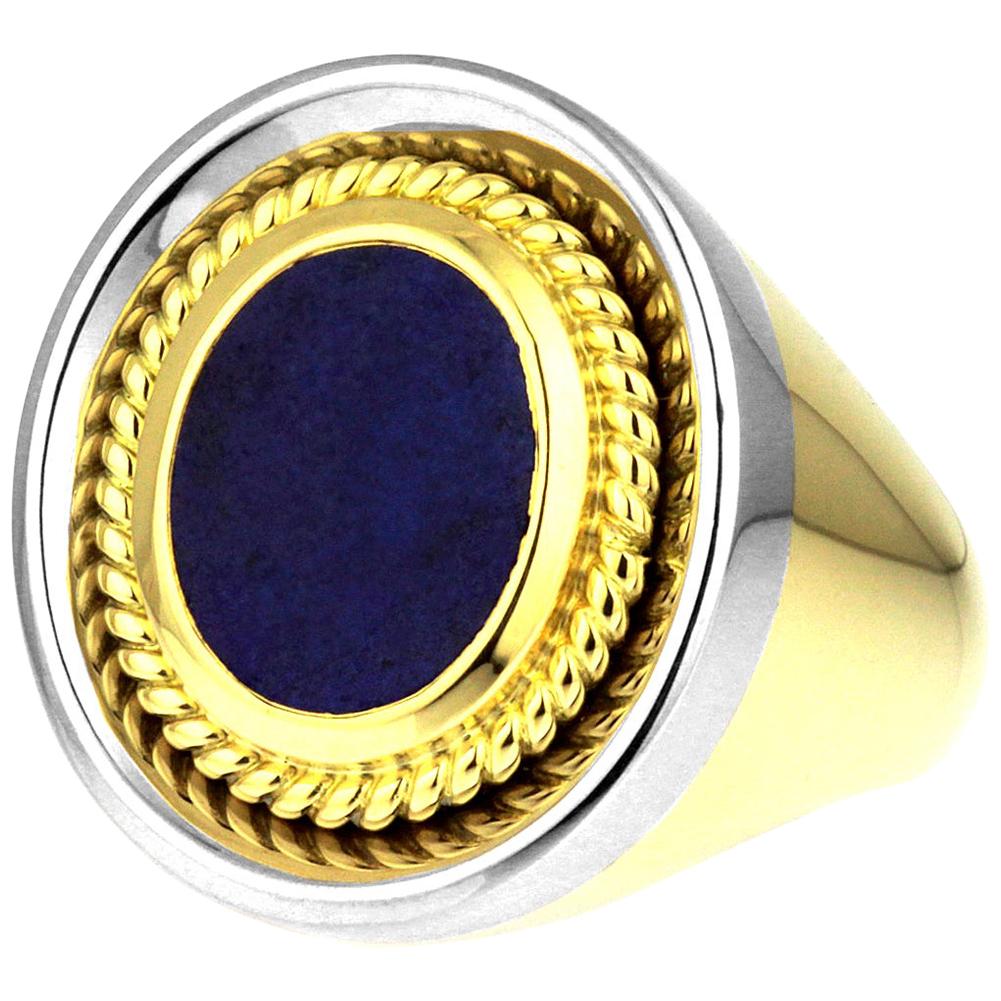 Vintage, Gents Signet Ring, Blue Lapis Lazuli in Bimetal 18K White & Yellow Gold For Sale