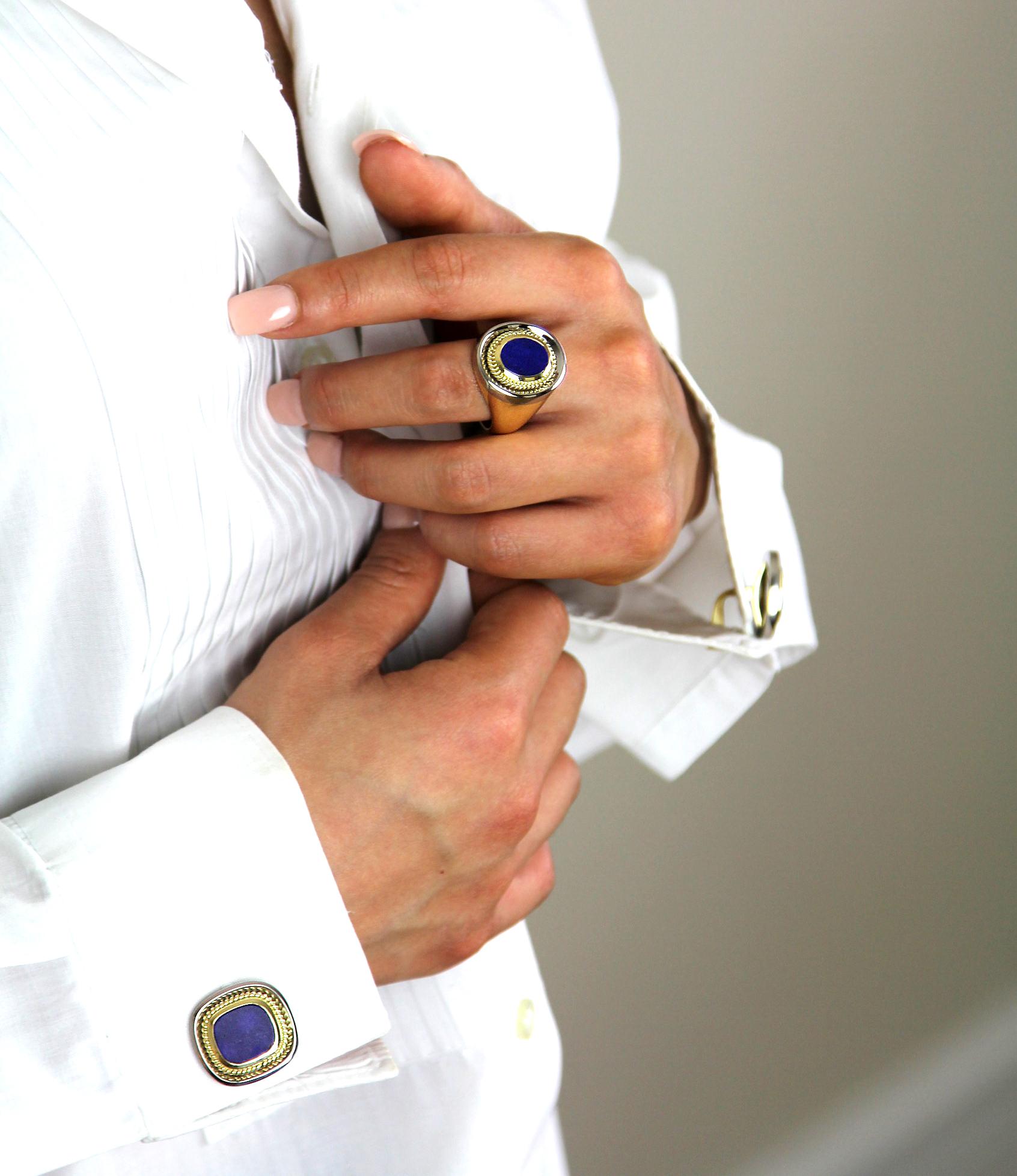 Gentleman must have, signet ring set with Lapis Lazuli in bimetal heavy 18 carat white and yellow gold. With Oval Lapis Lazuli surround by detailed rope twist border, stamped 