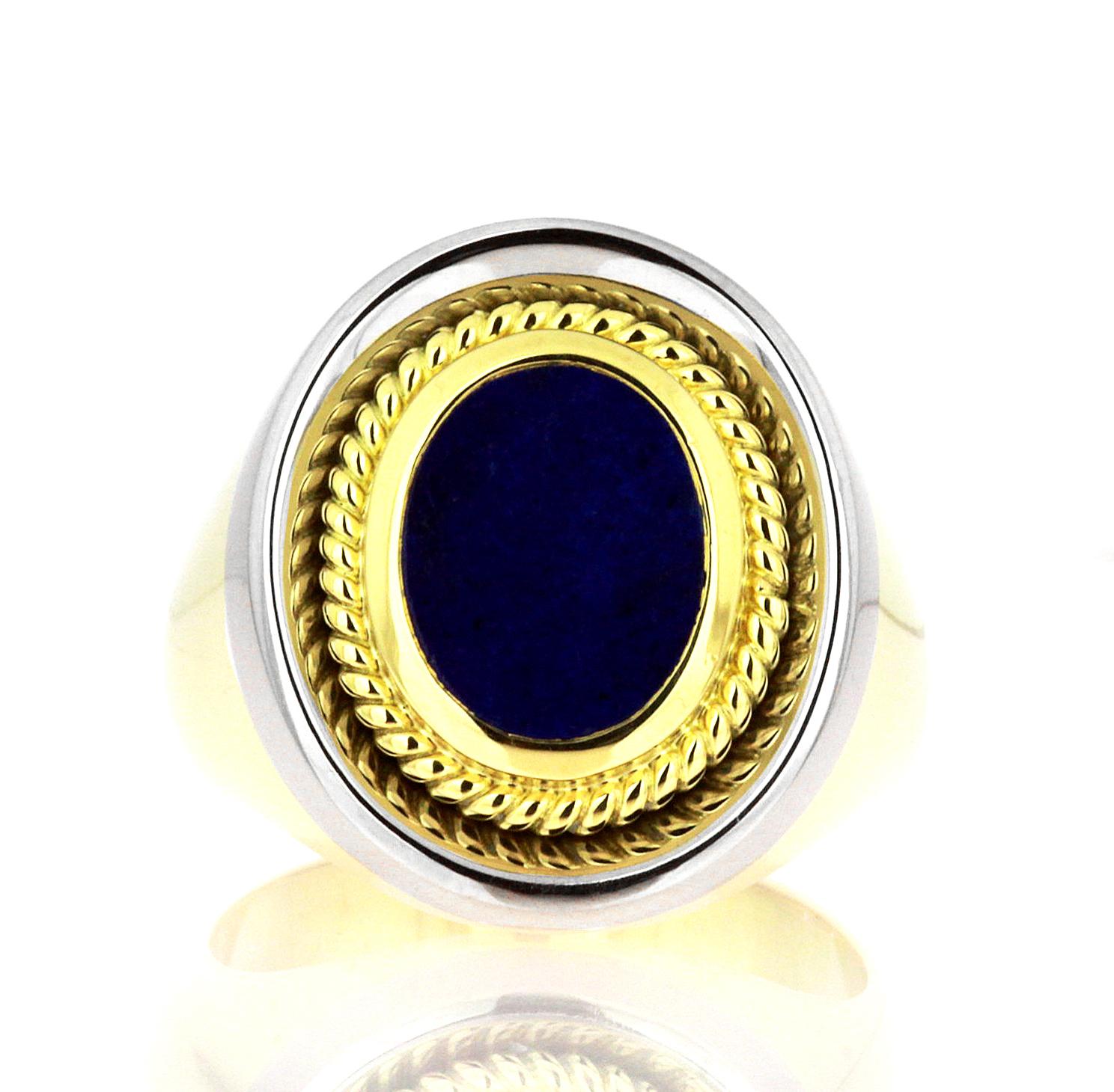 Oval Cut Vintage, Gents Signet Ring, Blue Lapis Lazuli in Bimetal 18K White & Yellow Gold For Sale
