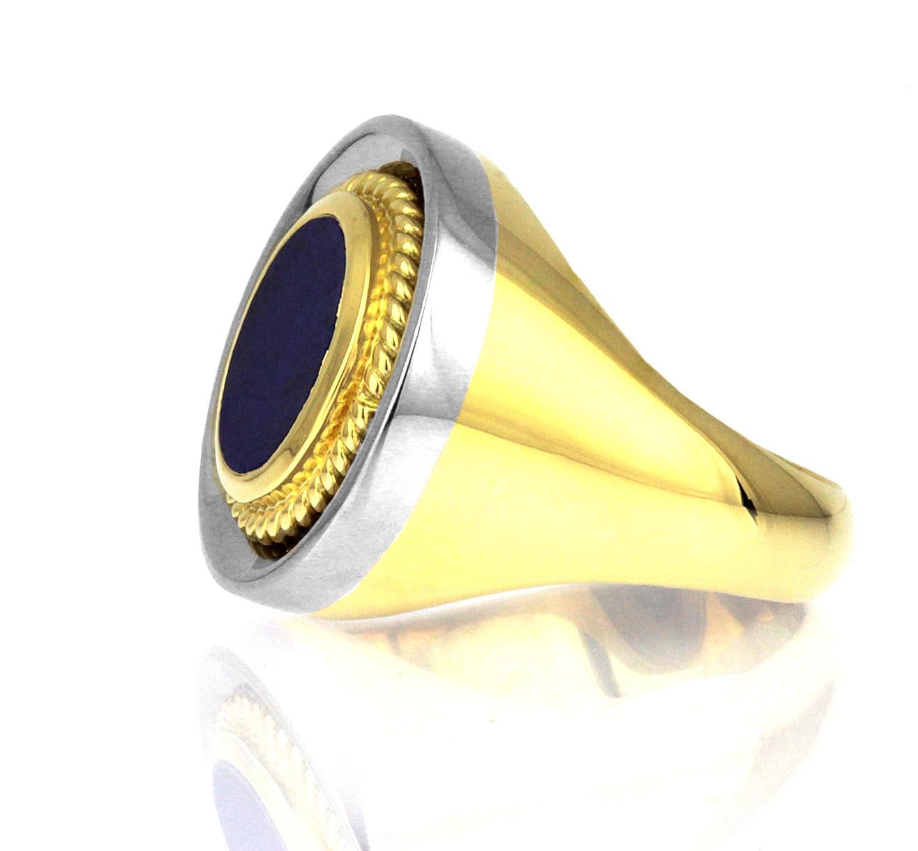 Men's Vintage, Gents Signet Ring, Blue Lapis Lazuli in Bimetal 18K White & Yellow Gold For Sale