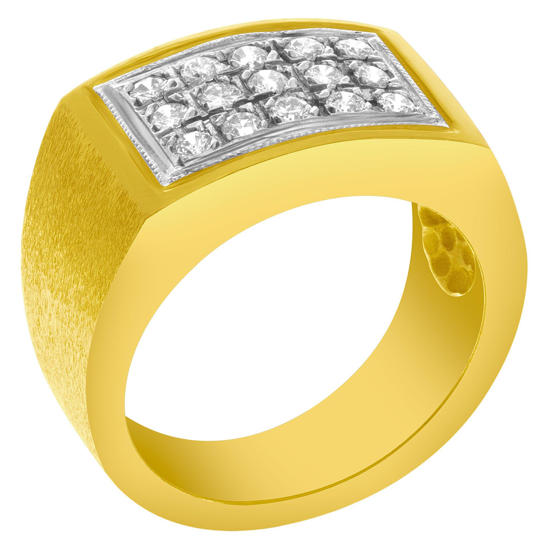 Gents solid diamond ring set in 14k yellow gold with 15 diamonds approx 0.70 carat . Size 8. Width at head: 11.4mmx18.0mm, width at shank: 6.0mm.

This Diamond ring is currently size 8 and some items can be sized up or down, please ask! It weighs