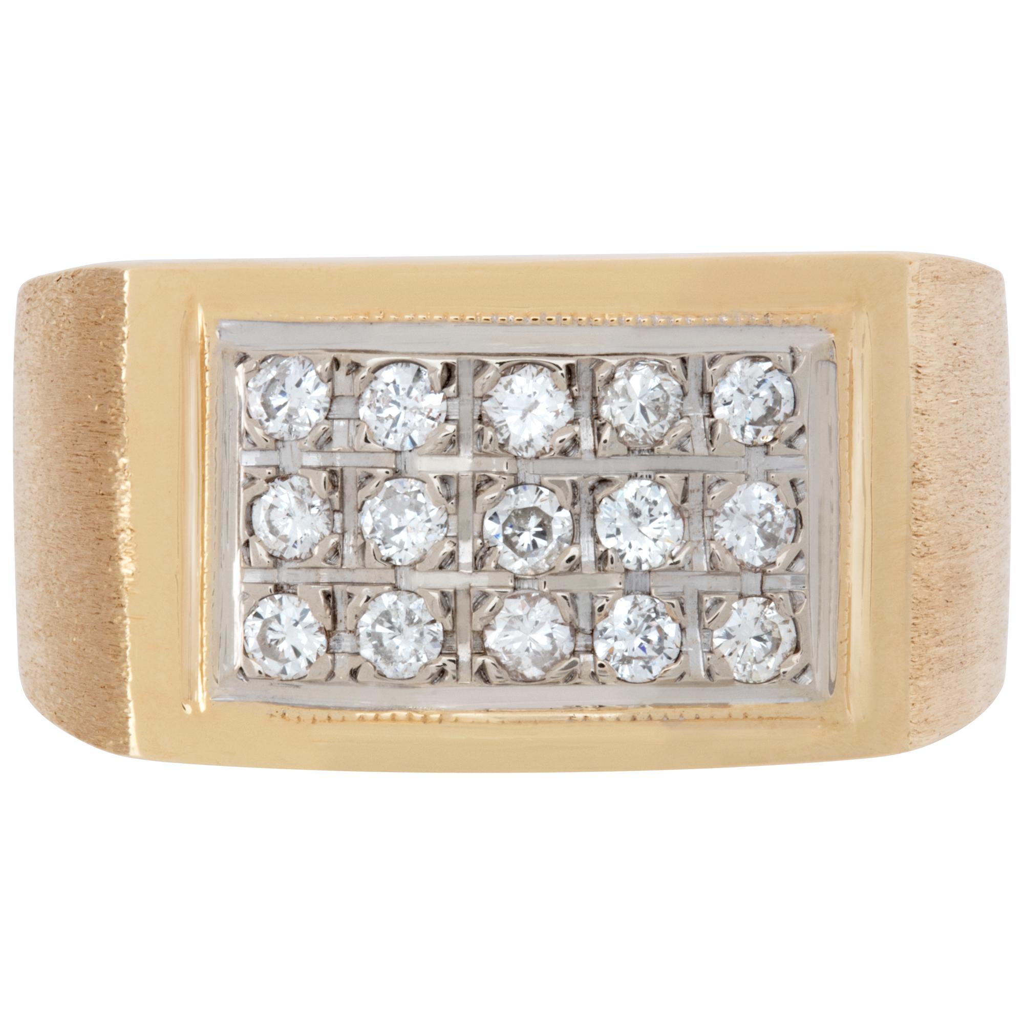 Gents solid diamond ring set in 14k yellow gold with 15 diamonds approximately 0.70 carat . Size 8. Width at head: 11.4mmx18.0mm, width at shank: 6.0mm.This Diamond ring is currently size 8 and some items can be sized up or down, please ask! It