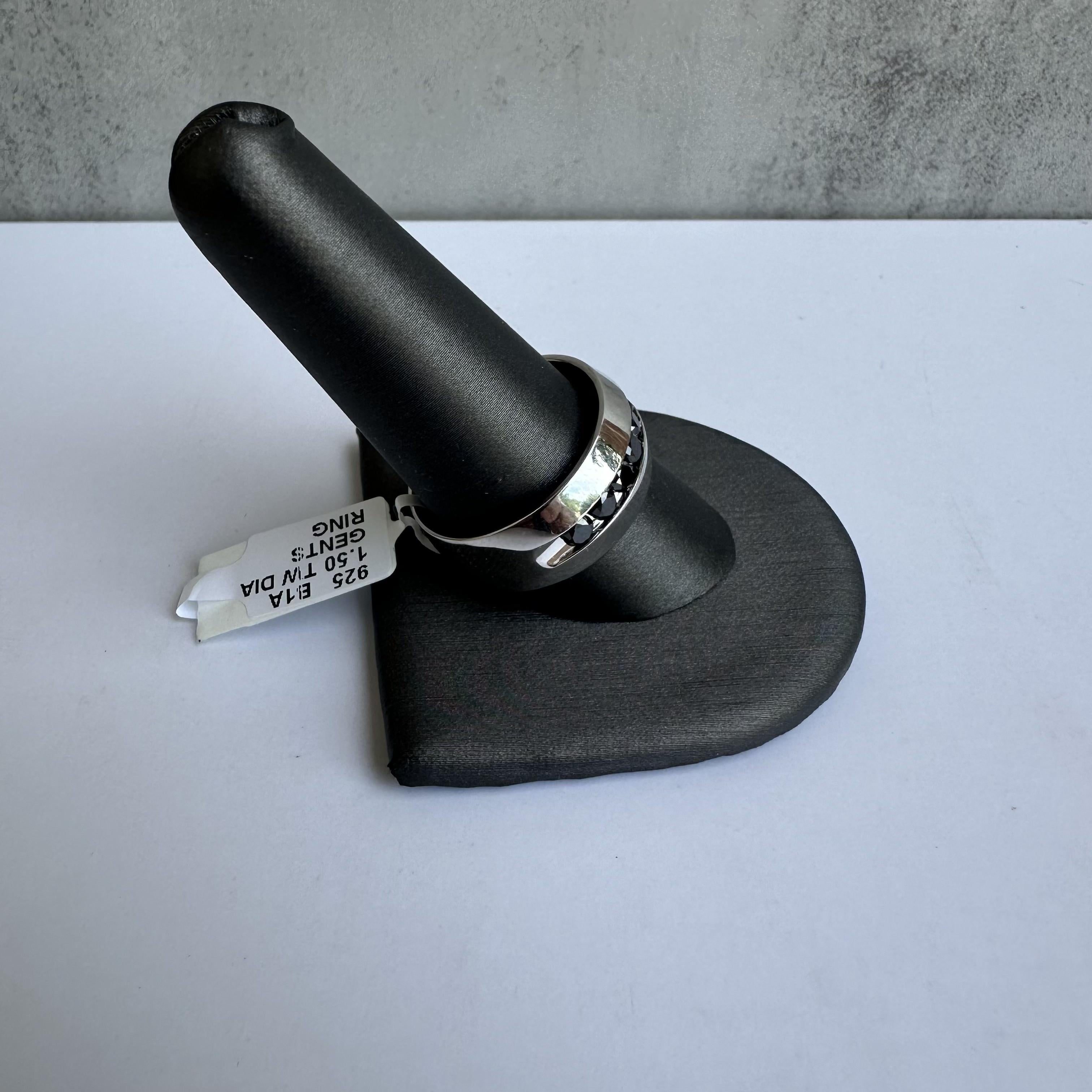 Round Cut Gents Sterling Silver Black Diamond Ring - 1.50ctw, Size 10, New Condition For Sale
