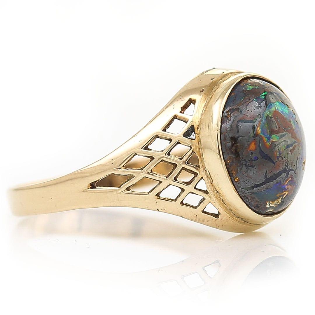 Contemporary Gents Vintage Gold and Cabochon Opal Matrix Signet Ring, Circa 1980