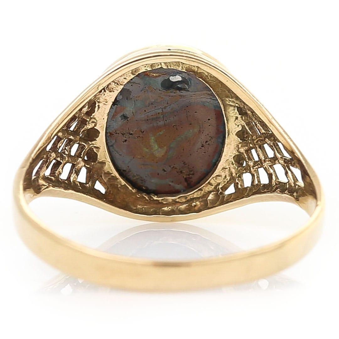 Women's or Men's Gents Vintage Gold and Cabochon Opal Matrix Signet Ring, Circa 1980