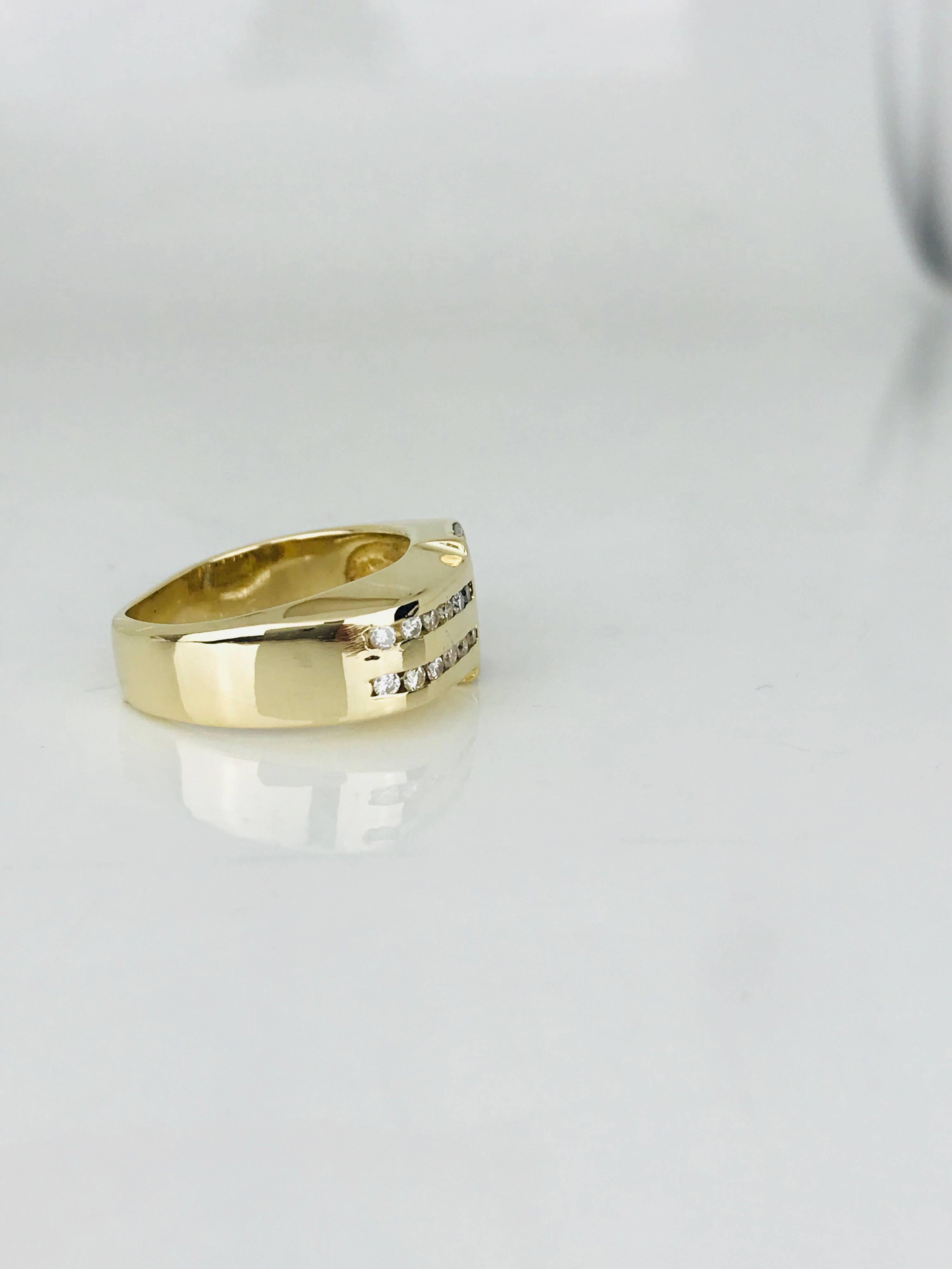 Baguette Cut Gents, 14 Karat Yellow Contemporary Diamond Ring, Baguettes and Round .86 Carat For Sale