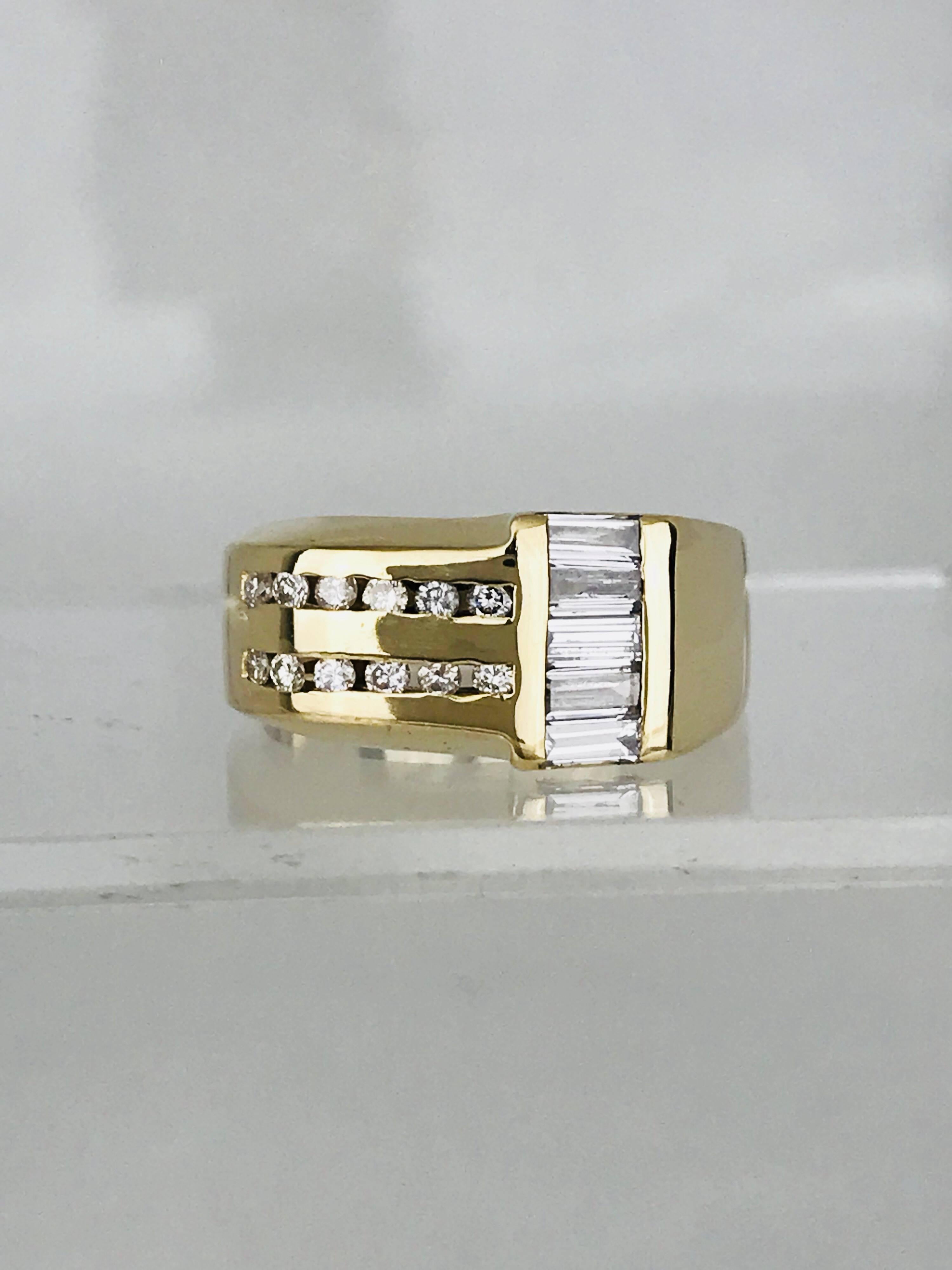 Men's Gents, 14 Karat Yellow Contemporary Diamond Ring, Baguettes and Round .86 Carat For Sale