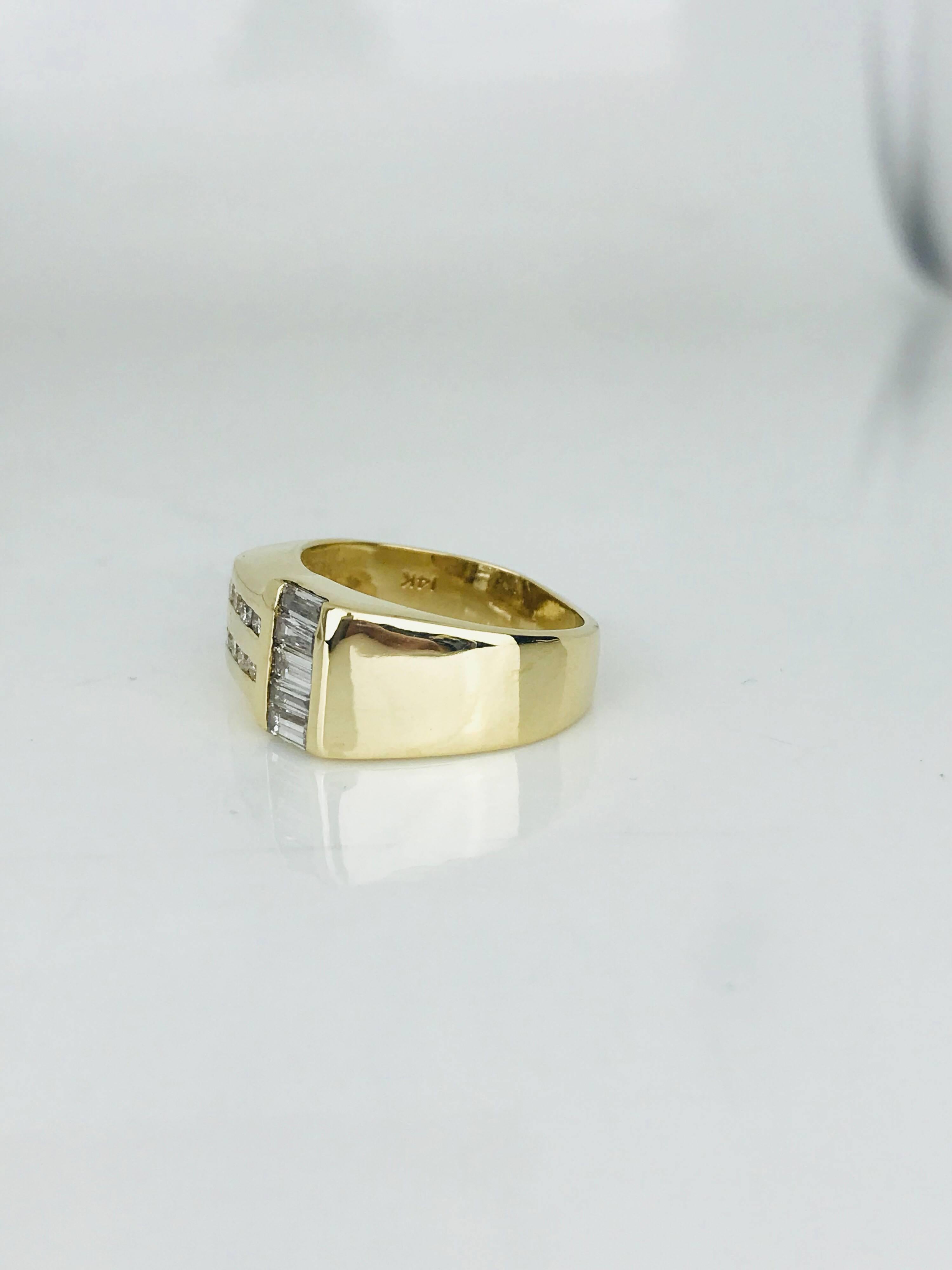 Gents, 14 Karat Yellow Contemporary Diamond Ring, Baguettes and Round .86 Carat For Sale 2