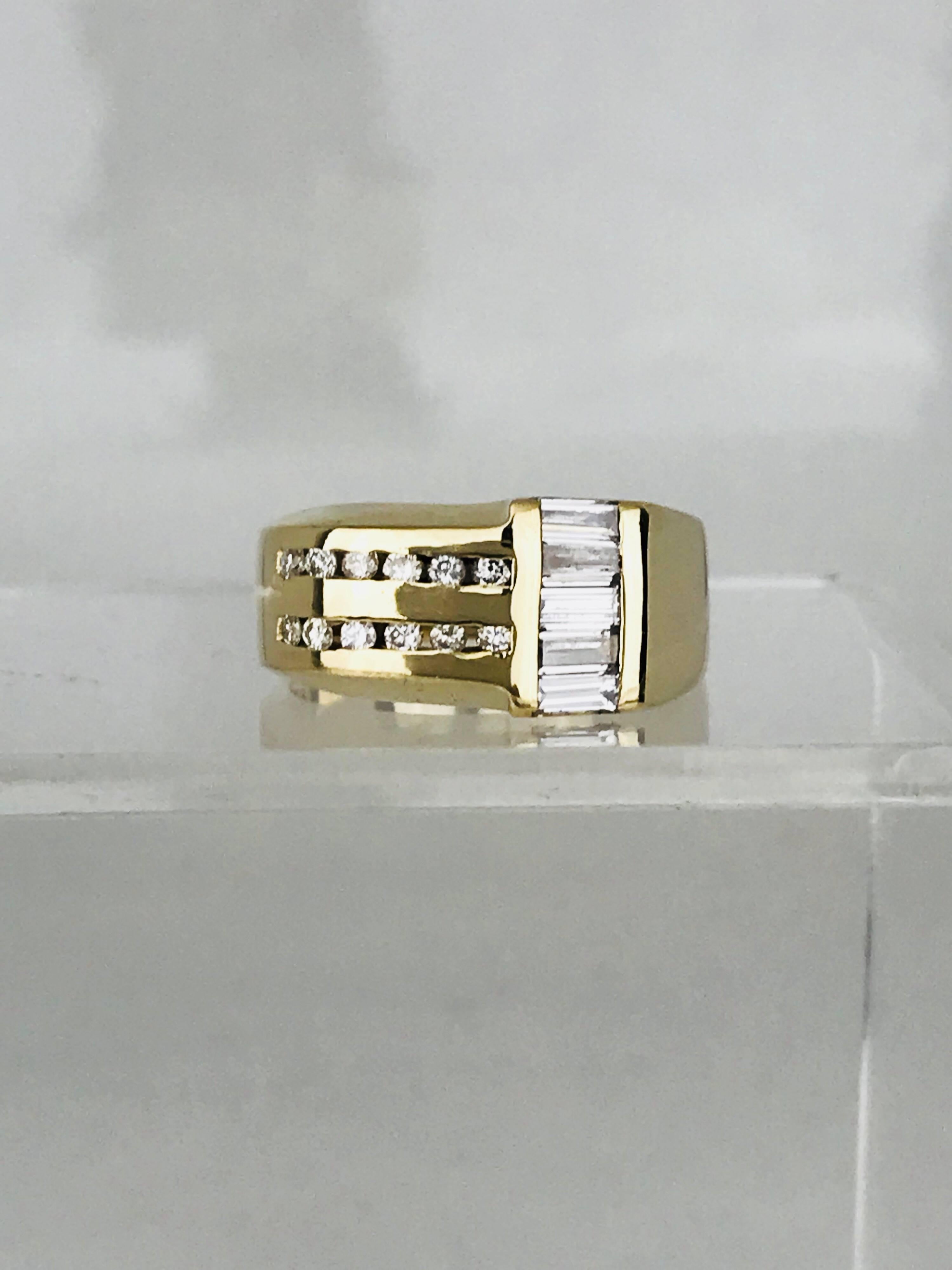 Gents, 14 Karat Yellow Contemporary Diamond Ring, Baguettes and Round .86 Carat For Sale 3