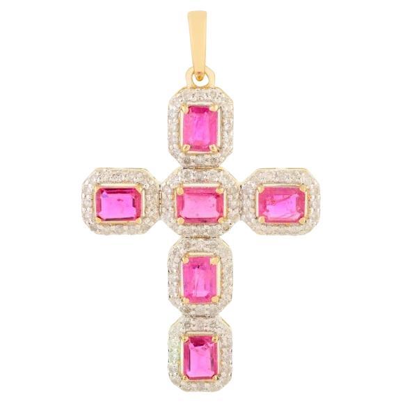 Pendentif croix en or jaune massif 18 carats véritable avec rubis rond de 1,10 carat et diamants