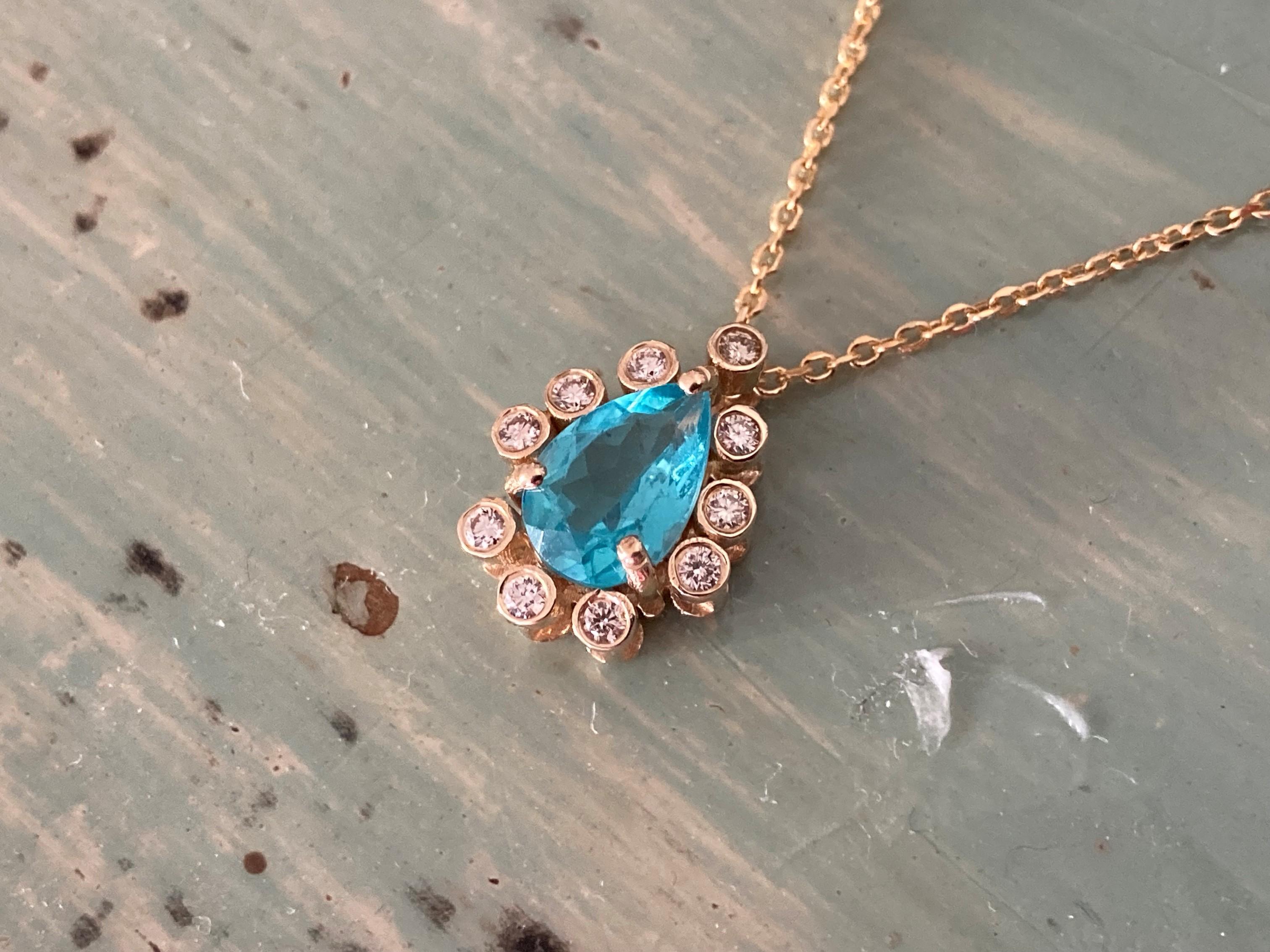Genuine 1.35 Carat Natural Blue Paraiba Apatite Halo Diamond Pendant Necklace For Sale 1
